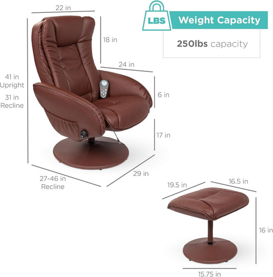 Faux Leather Electric Massage Recliner W/Stool Footrest Ottoman, Remote Control, 5 Heat & Massage Modes, Side Pockets - Brown-1