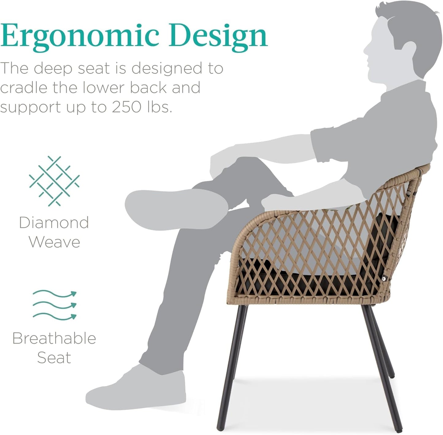 3-Piece Outdoor Wicker Bistro Set, Patio Dining Conversation Furniture for Backyard, Balcony, Porch W/Diamond Weave Design, Tempered Glass Side Table, 2 Chairs - Black-3