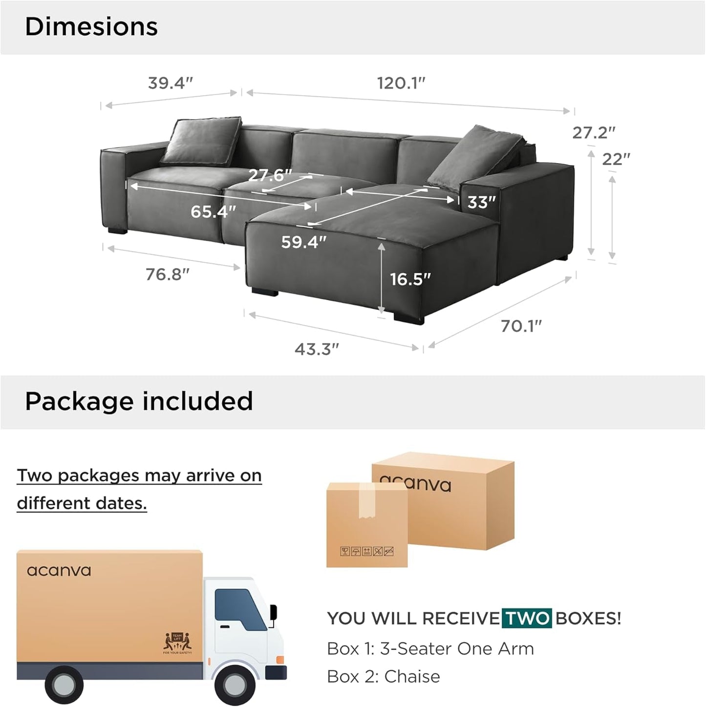 Modern L-Shaped Deep Sectional Sofa Furniture Set for Living Room Lounge, Minimalist Style Comfy Suedette Upholstery Corner Couch with Chaise, Dark Grey-1
