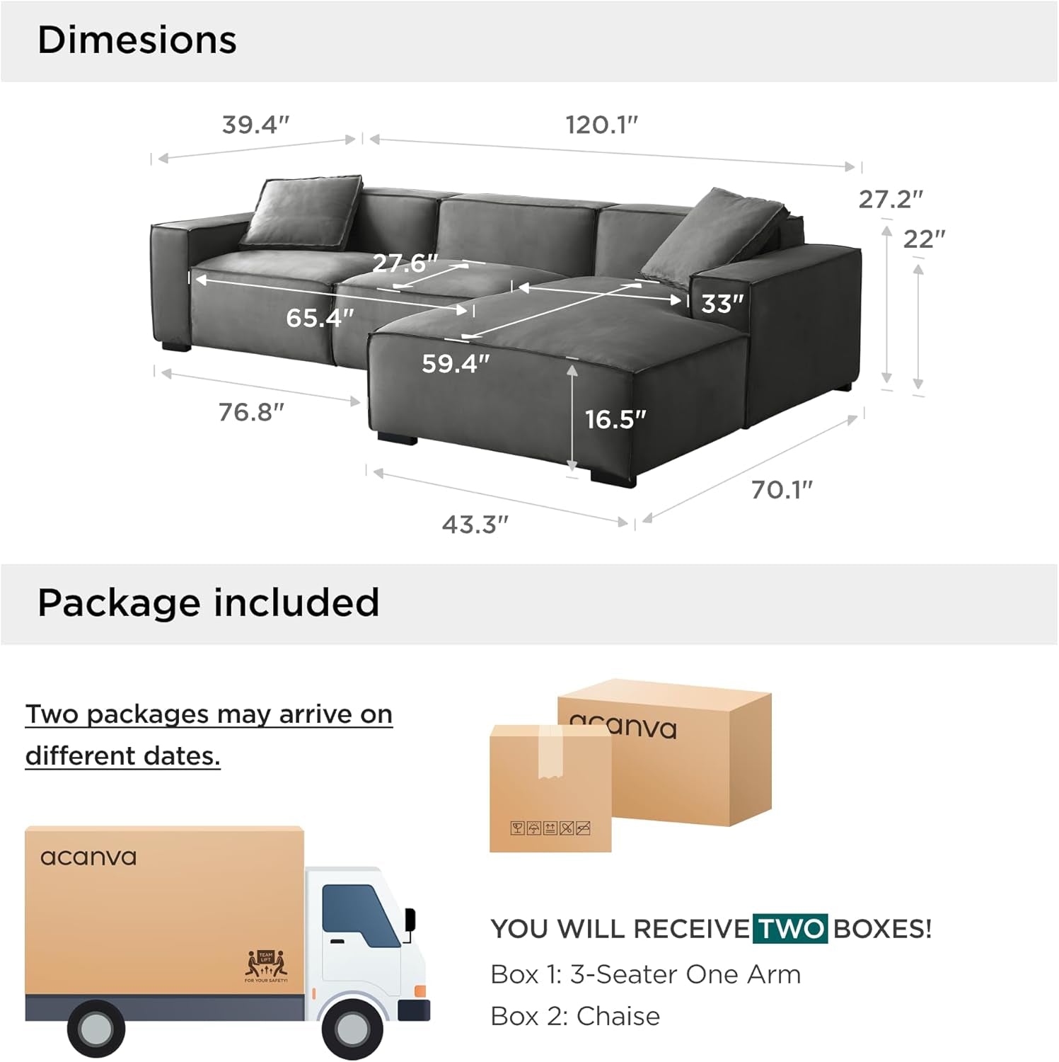 Modern L-Shaped Deep Sectional Sofa Furniture Set for Living Room Lounge, Minimalist Style Comfy Suedette Upholstery Corner Couch with Chaise, Dark Grey-1