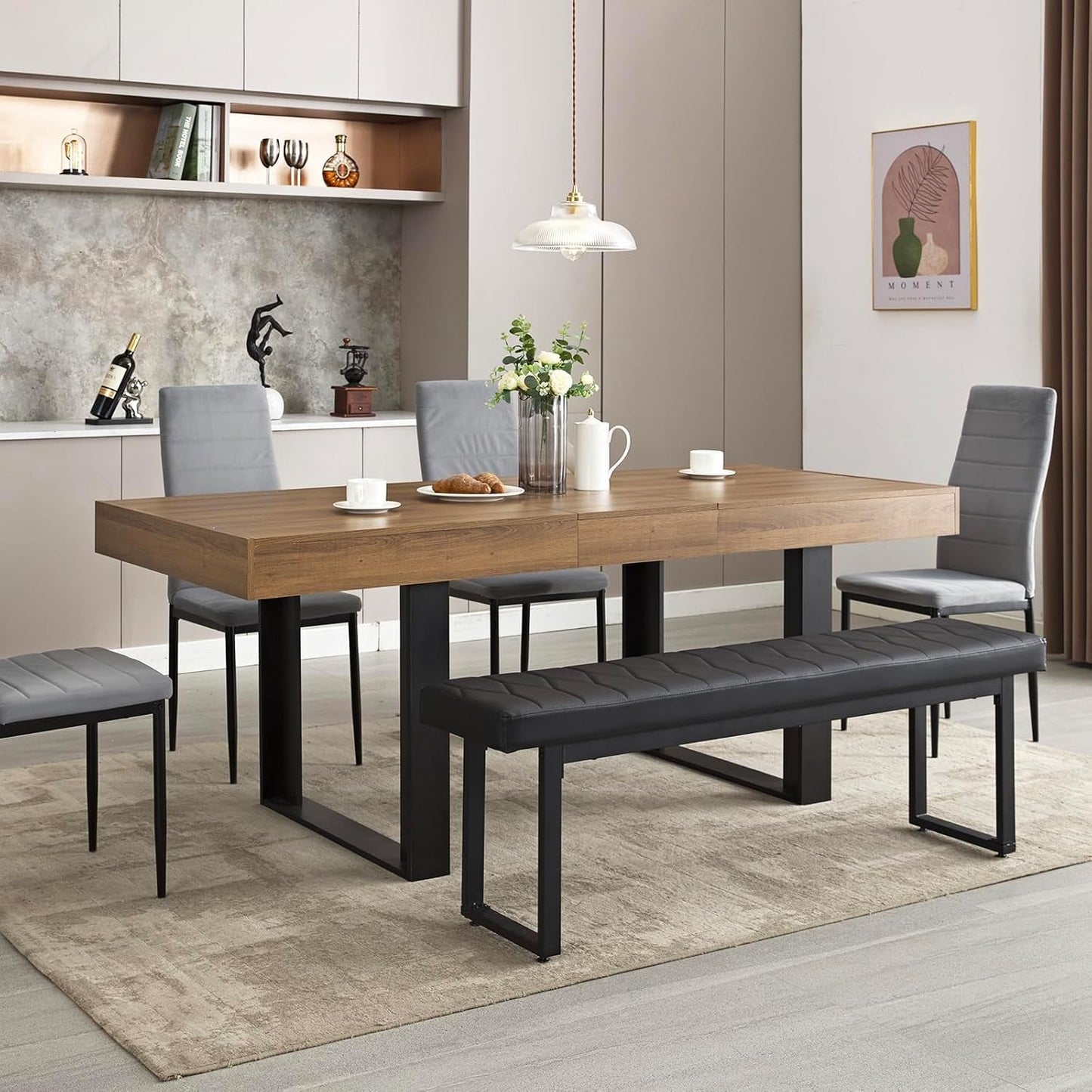 63”-79” Extendable Dining Room Table, Modern Farmhouse Wooden Kitchen Table, Long Expandable Dining Table for 6 8 10, Large Expanding Table Conference Table (Walnut Brown) (Walnut Brown)-2