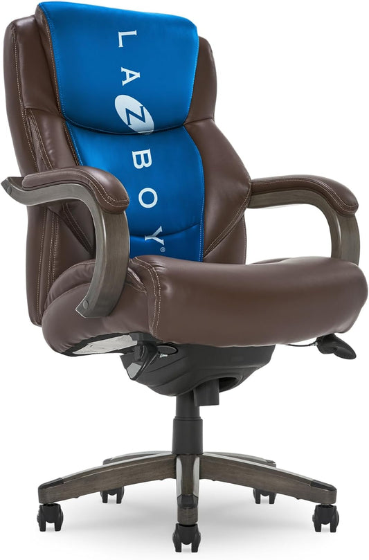 Delano Big & Tall Executive Office Chair | High Back Ergonomic Lumbar Support, Bonded Leather, Brown with Weathered Gray Wood |-0