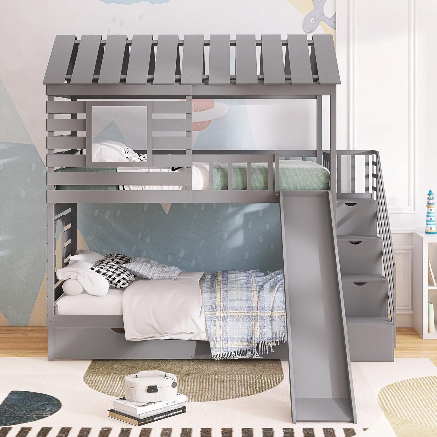 Twin over Twin House Bunk Bed, Wooden Bed Frame with Trundle and Slide, Storage Staircase, Roof and Window Design, Gray-2