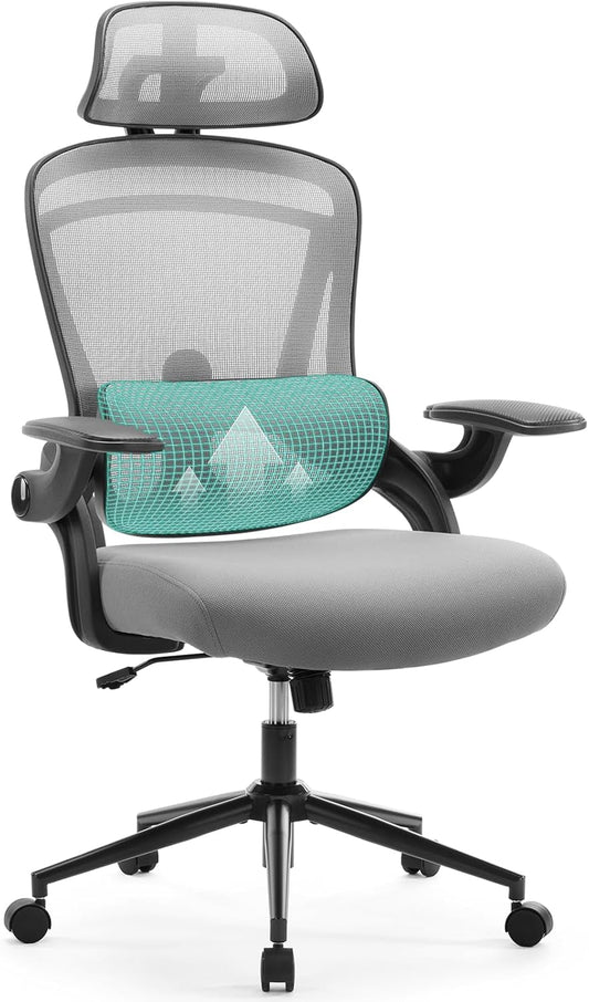 Ergonomic Mesh Office Chair, High Back Desk Chair with 2D Headrest, Up&Down Lumbar Support, Swivel Computer Task Chair with Adjustable Flip-Up Armrests,Grey-0