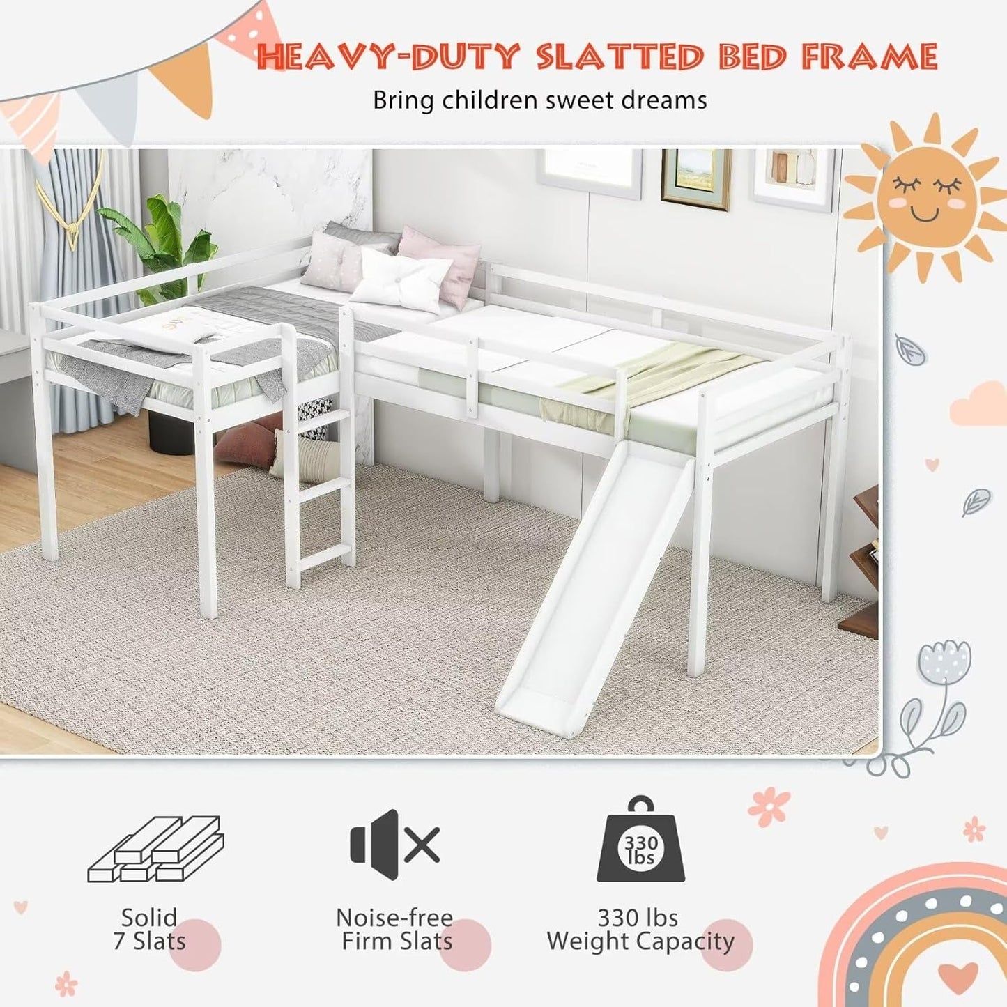 Wooden Twin Size Double Loft Bed with Slide and Ladder, L-Shaped Bed Frame with Full-Length Guardrail, Wood Bedframe for Kids Teens Adults Bedroom, 2 Twin Beds,White-3