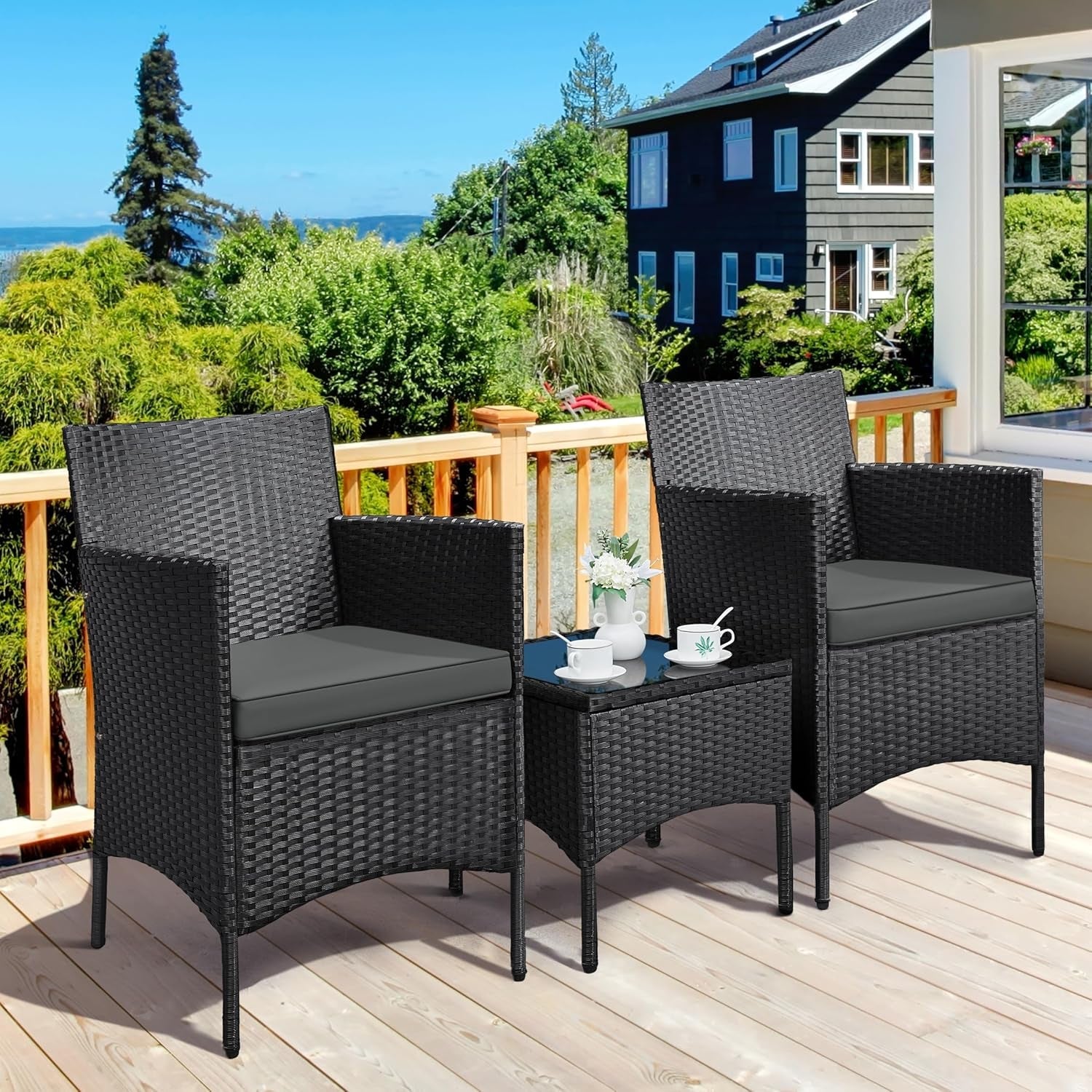 3 Pieces Patio Porch Furniture Set, Outdoor PE Rattan Wicker Conversation Set with Soft Cushions, Glass Coffee Table & 2 Chairs for Garden/Deck/Courtyard/Poolside, Black/Gray-1
