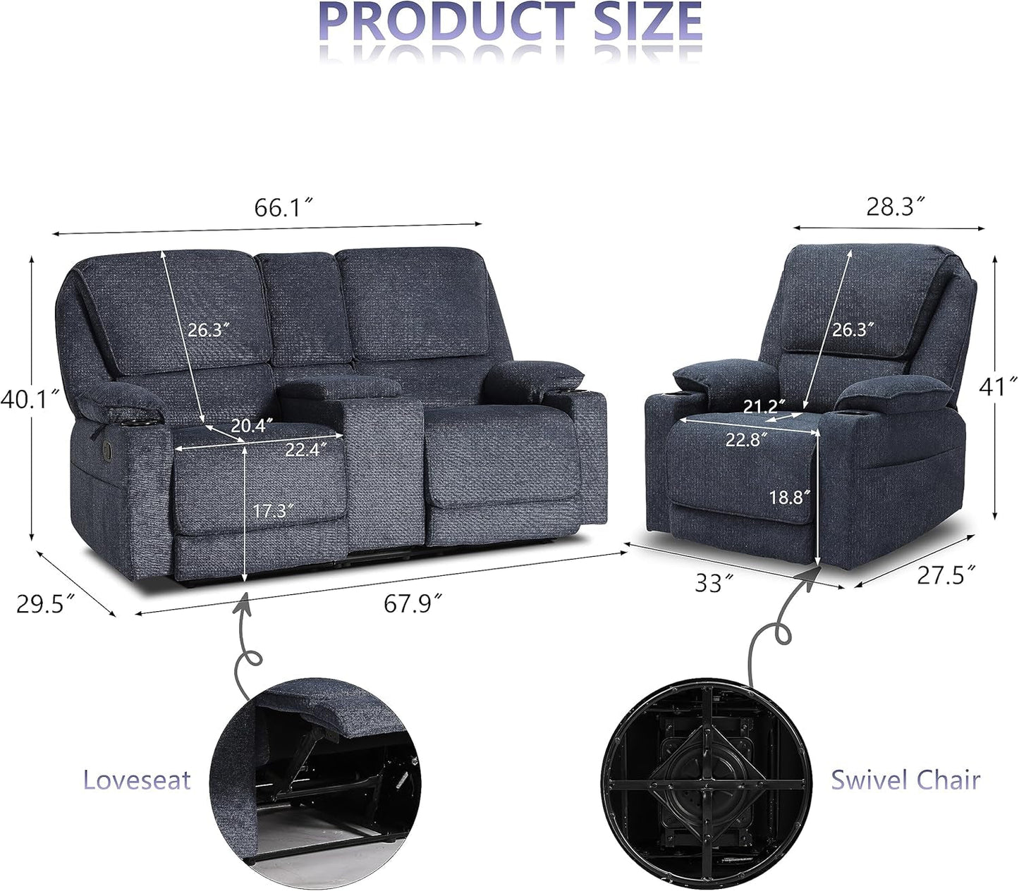 Reclining Living Room Set, 2-Piece Recliner Furniture Sofa, Loveseat Recliner and Swivel Recliner Chair with Cup Houlders for Living Room,Navy Blue-1