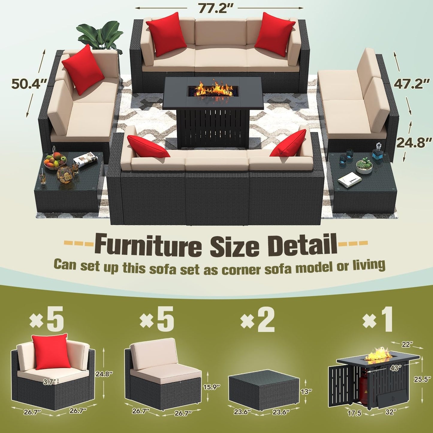 Patio Furniture Sets 13-Pieces Outdoor PE Rattan Sectional Sofa W/43In Gas Fire Pit Table 55000 BTU Add Warmth to Gatherings Parties on Deck Garden Backyard, Light Beige-3