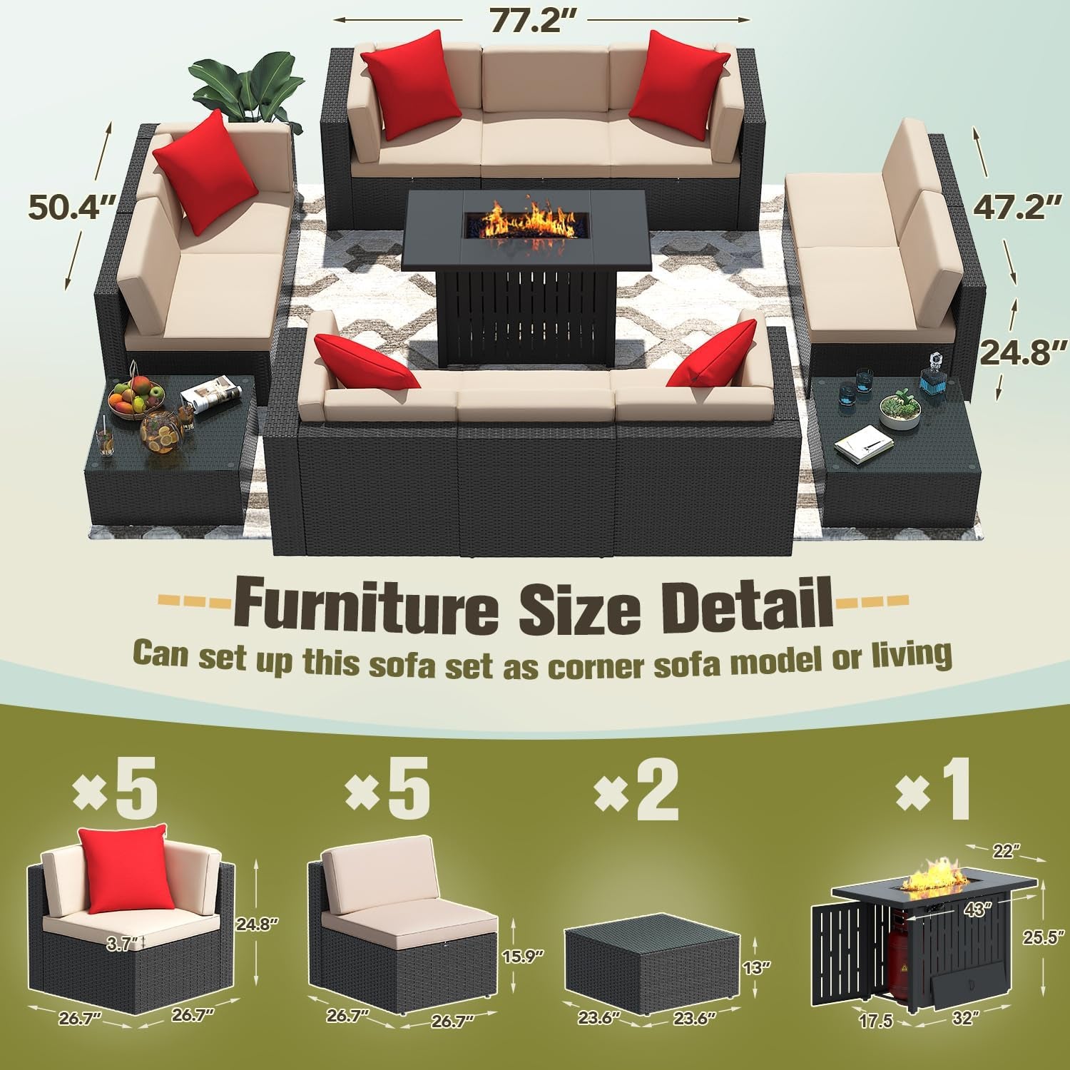 Patio Furniture Sets 13-Pieces Outdoor PE Rattan Sectional Sofa W/43In Gas Fire Pit Table 55000 BTU Add Warmth to Gatherings Parties on Deck Garden Backyard, Light Beige-3
