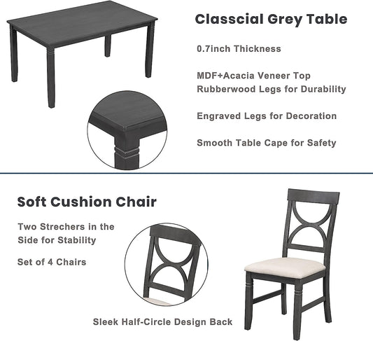 6-Piece Wood Dining Table Set with Upholstered Bench and 4 Chairs-1