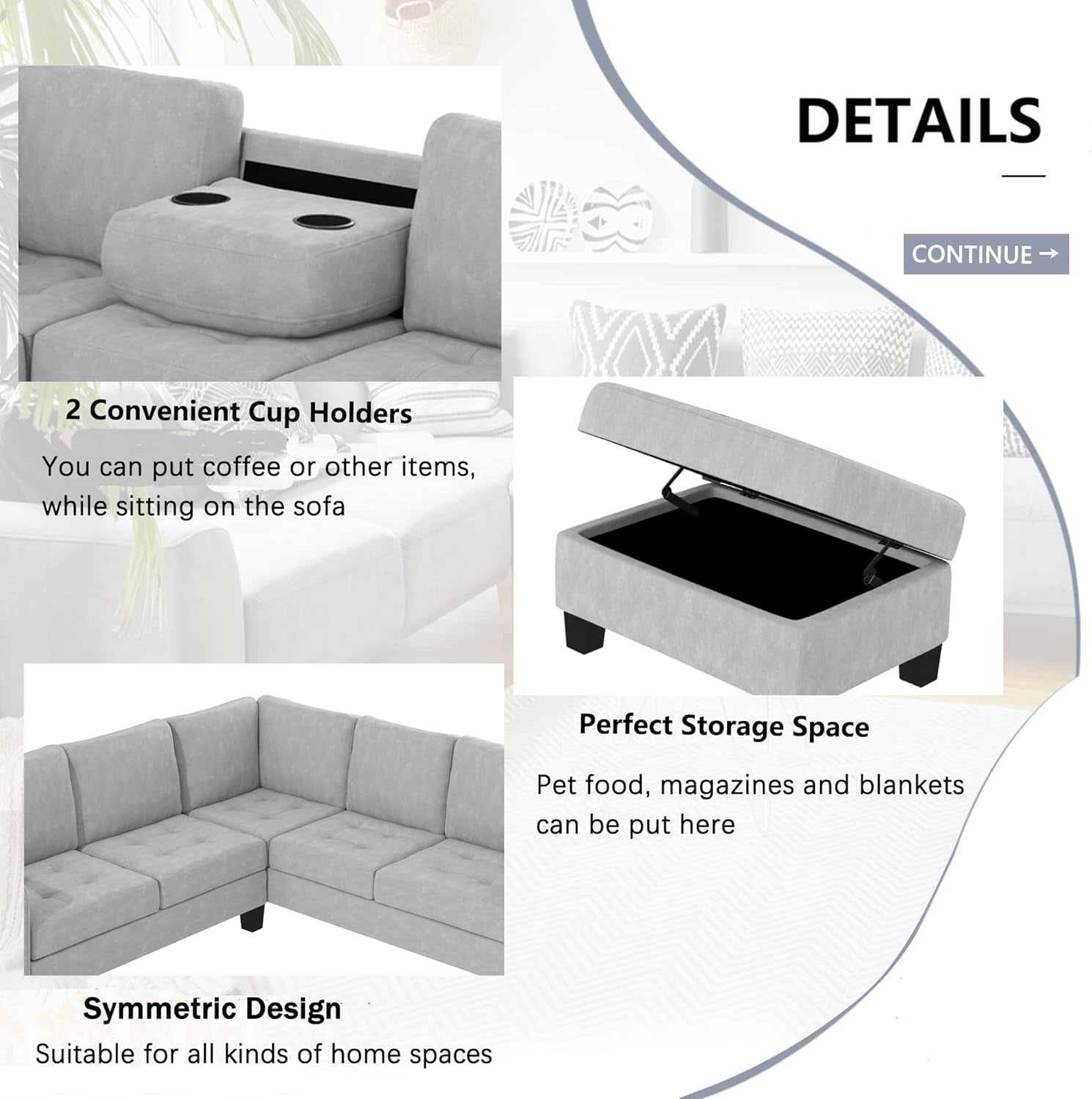 Sectional Sofas 3-Seat Sofa Sectional Sofa Couches with Storage Ottoman and 2 Cup Holders, Sofa Lounge and Ottoman for Living Room Furniture-4