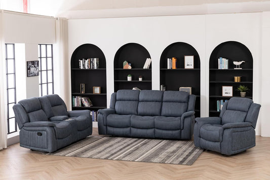 3 Piece Reclining Living Room Set, Fabric Recliner Chair, Loveseat, Sofa with Cup Holders, Storage Space, Grey-1