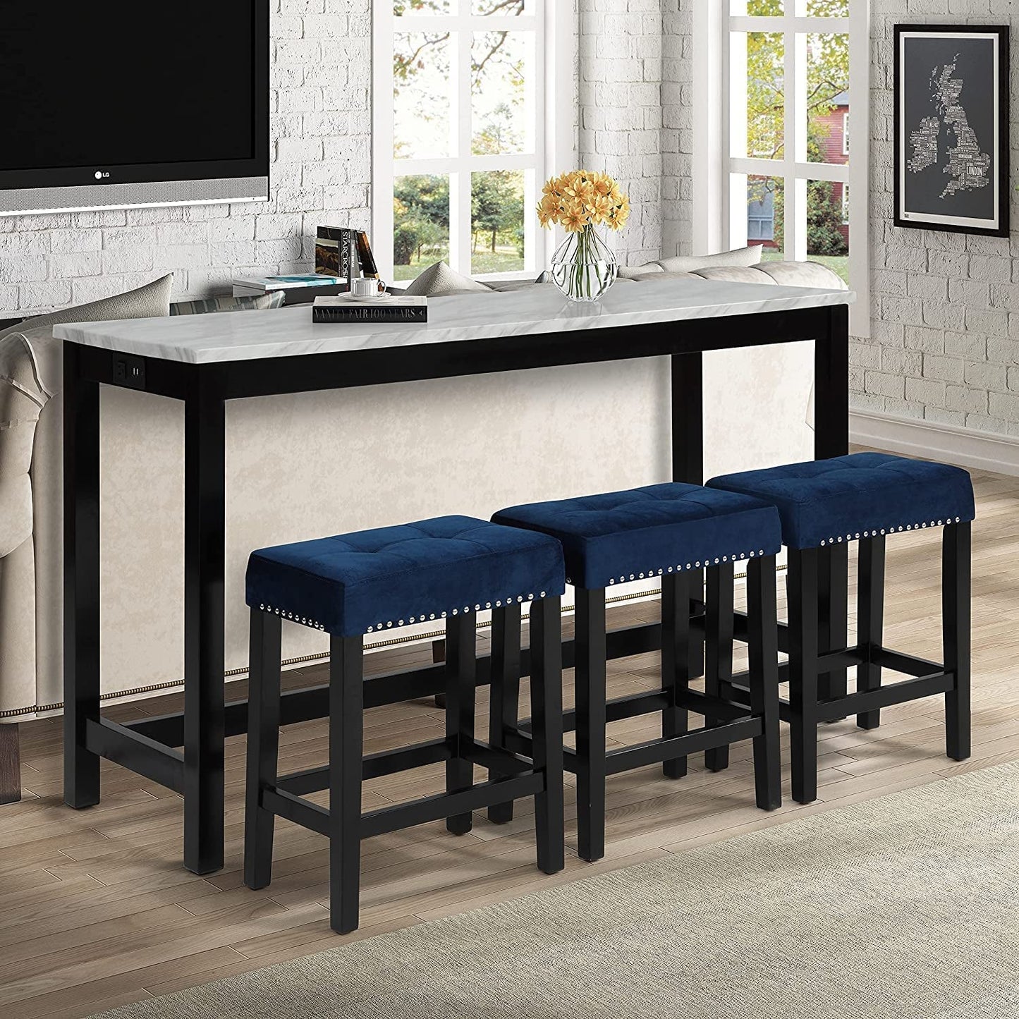Blue Velvet Bar Table with 3 Stools, Faux Marble-0