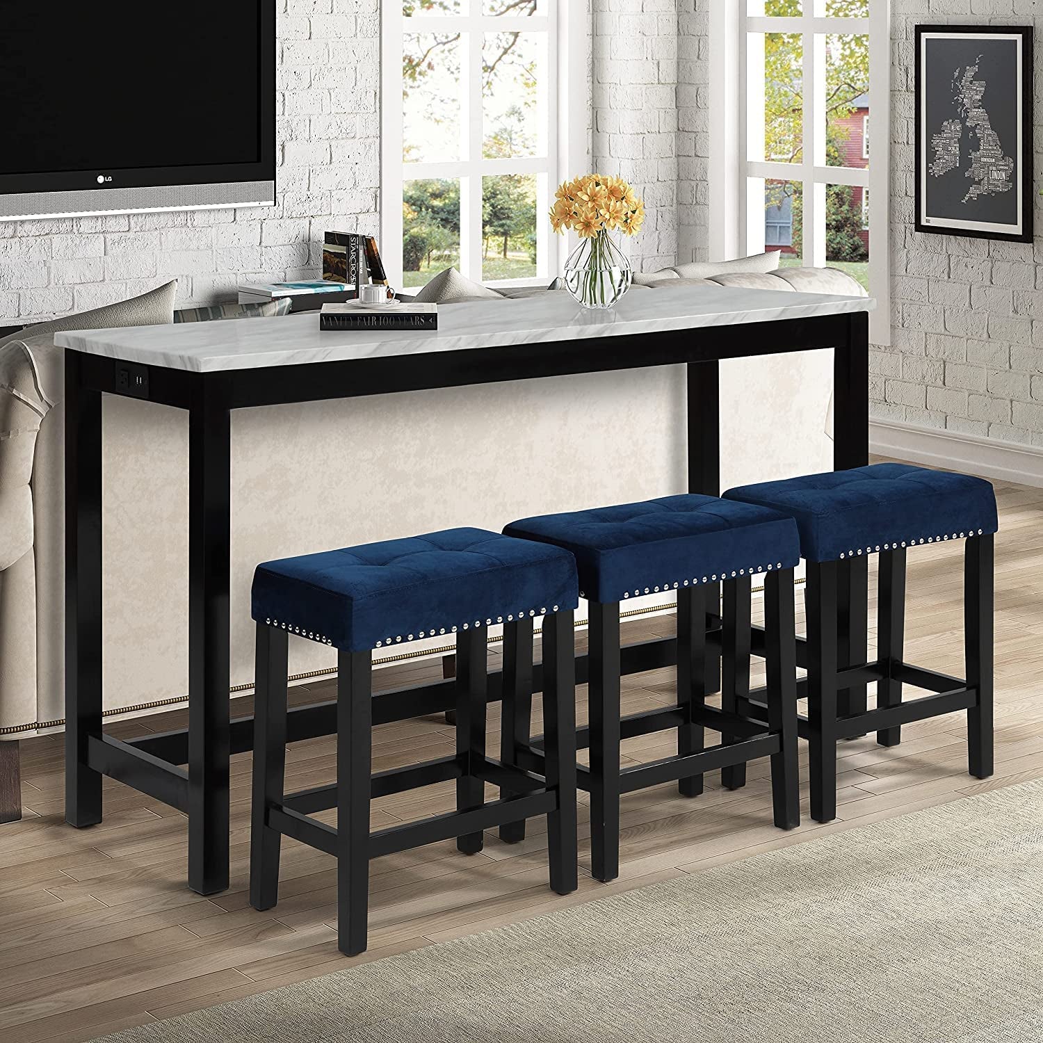 Blue Velvet Bar Table with 3 Stools, Faux Marble-0