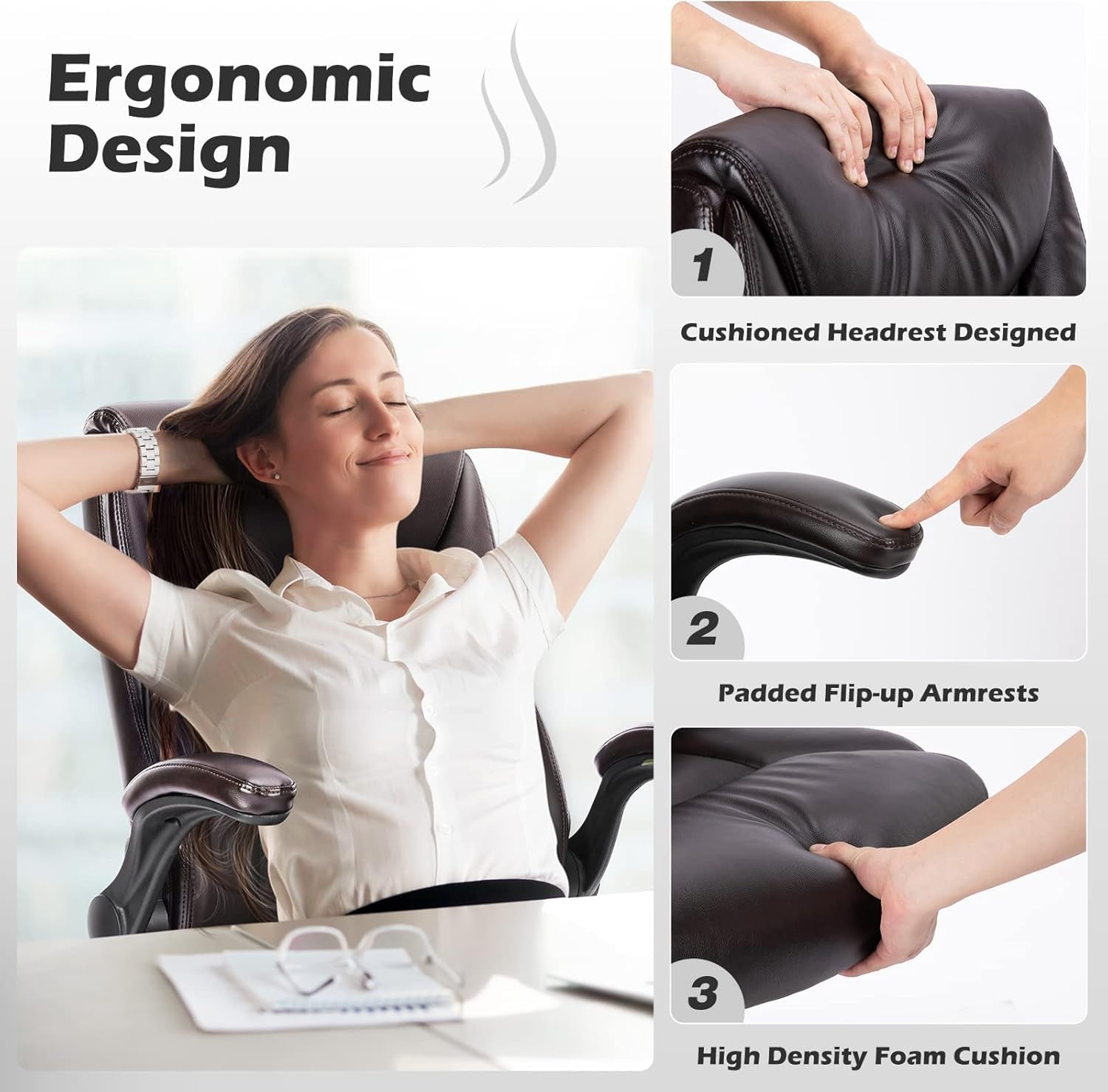 Executive Office Chair – Ergonomic Adjustable Computer Desk Chairs with High Back Flip-Up Armrests, Swivel Task Chair with Lumbar Support, Bonded Leather-3