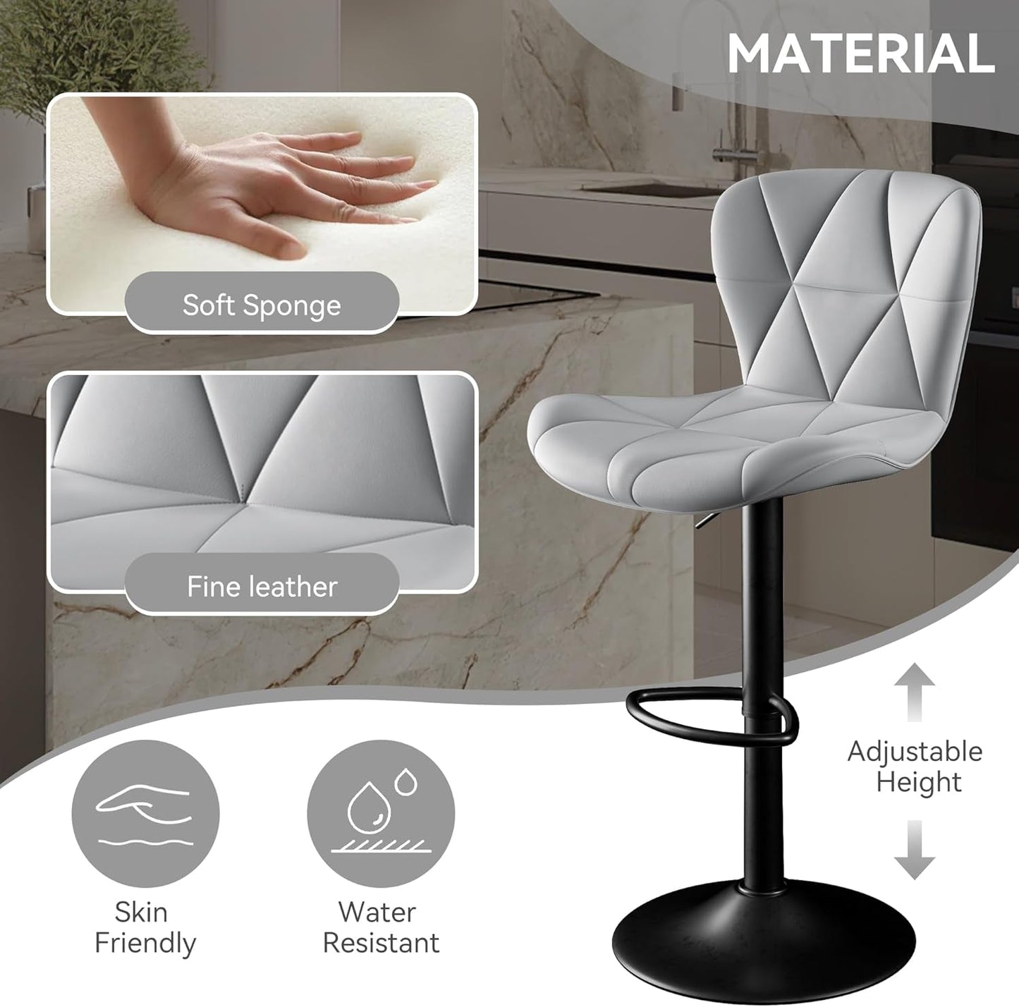 Bar Stools Set of 2,Counter Height Barstools with Backs Faux Leather Kitchen Island Bar Chair, Light Grey-1