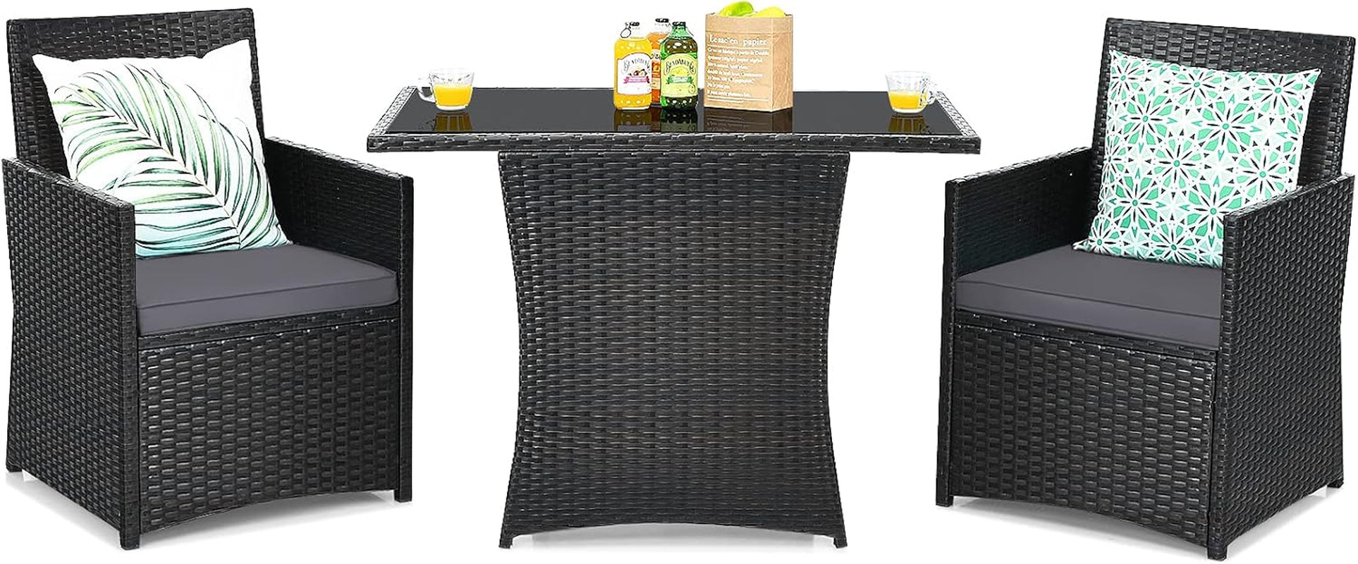 3 Pieces Patio Dining Set, Space-Saving PE Rattan Bistro Set with Tempered Glass Top Table and Cushioned Chairs, Outdoor Conversation Set for Garden Backyard Poolside Porch (Gray)-0