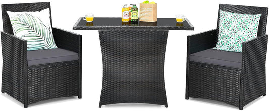 3 Pieces Patio Dining Set, Space-Saving PE Rattan Bistro Set with Tempered Glass Top Table and Cushioned Chairs, Outdoor Conversation Set for Garden Backyard Poolside Porch (Gray)-0