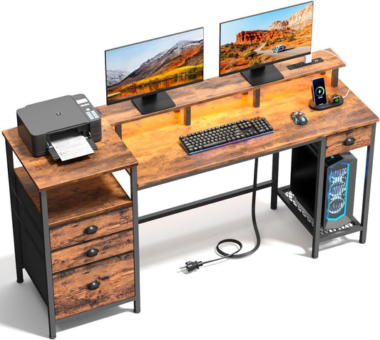 Computer Desk with 4 Drawers, 60" Office Long Desk with Fabric File Cabinet and Power Outlets, Gaming Desk with LED Lights, Study Writing Work Desk for Home Office, Rustic Brown-0