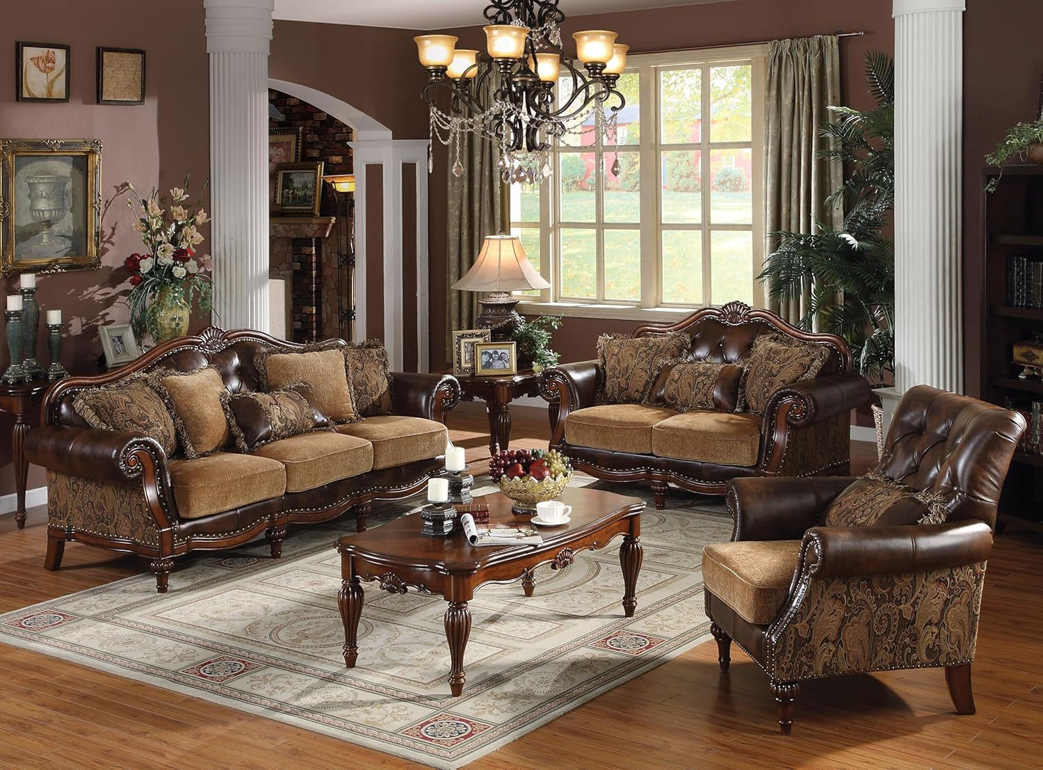 4-Piece Formal Living Room Furniture Set Includes Luxury Sofa W/ 5 Pillows, Loveseat W/ 3 Pillows, Single Chair W/ 1 Pillow and Coffe Table, Brown and Chenille (4PS, Sofa+Loveseat+Chair+Coffee Table)-0