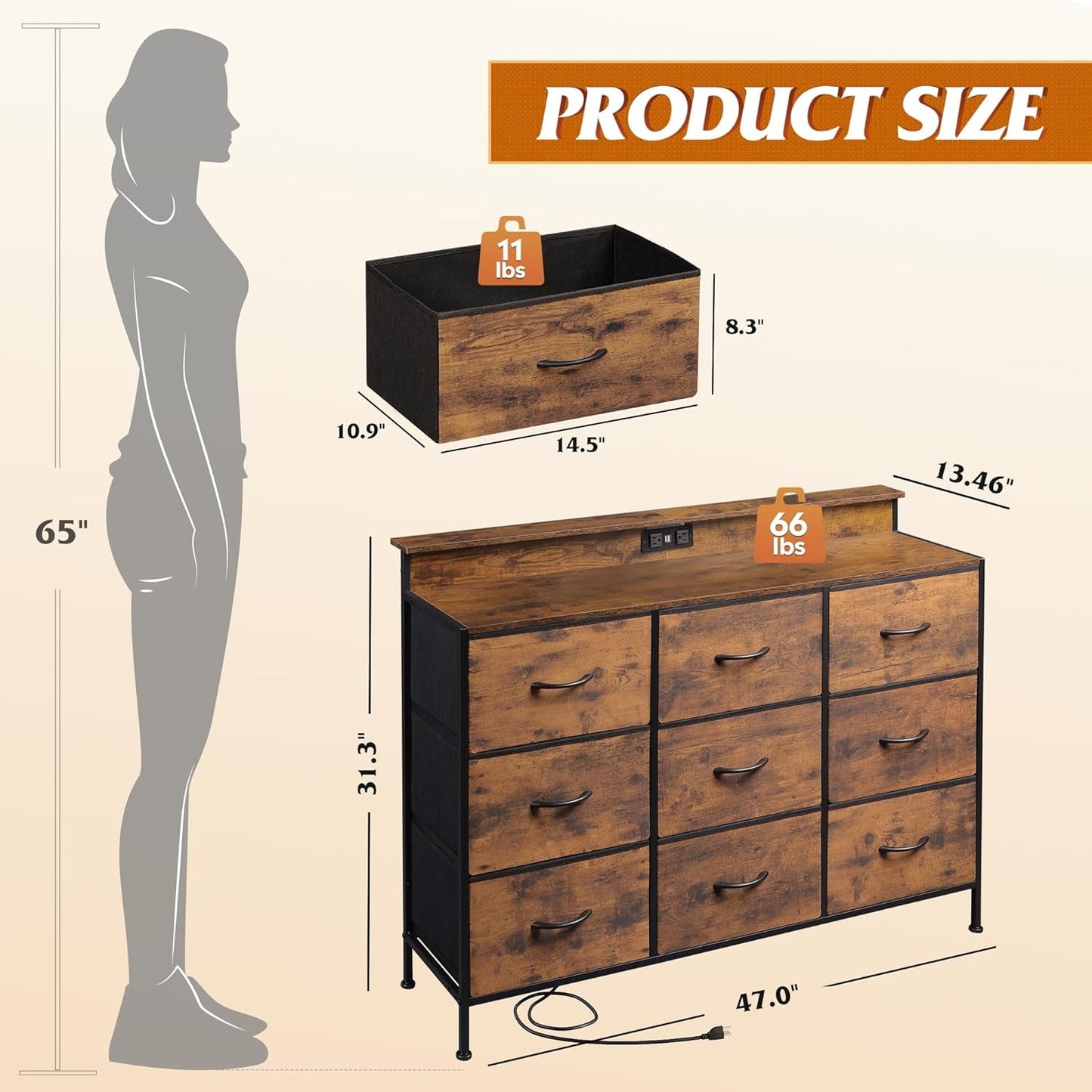 Dresser TV Stand for 55 Inch, Led Dresser for Bedroom, White Dresser for Bedroom with LED Lights and Charging Station, Chest of Drawers, 9 Fabric Dresser Drawers, Wood Top, Living Room, Closet-2