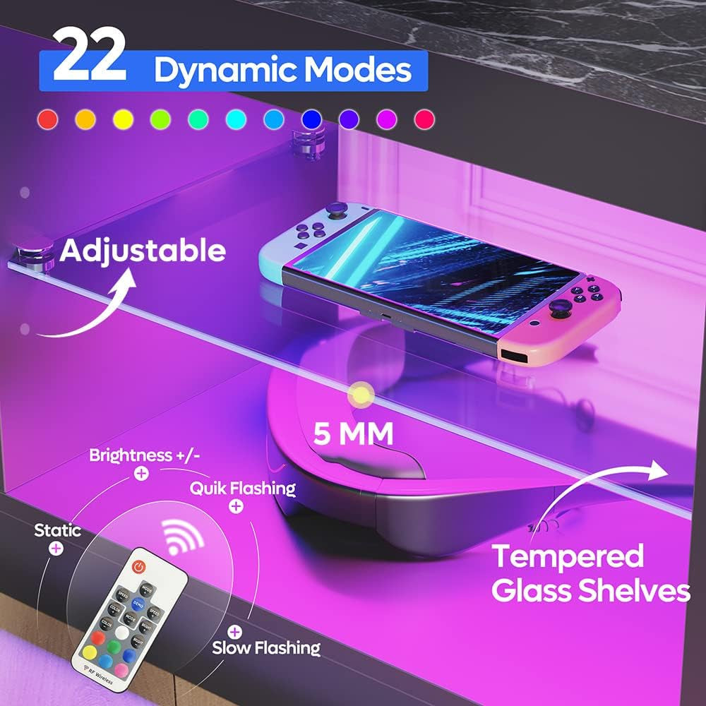 Entertainment Center LED Gaming TV Stand for 55+ Inch TV Adjustable Glass Shelves 22 Dynamic RGB Modes TV Cabinet Game Console PS4, Black Marble-1