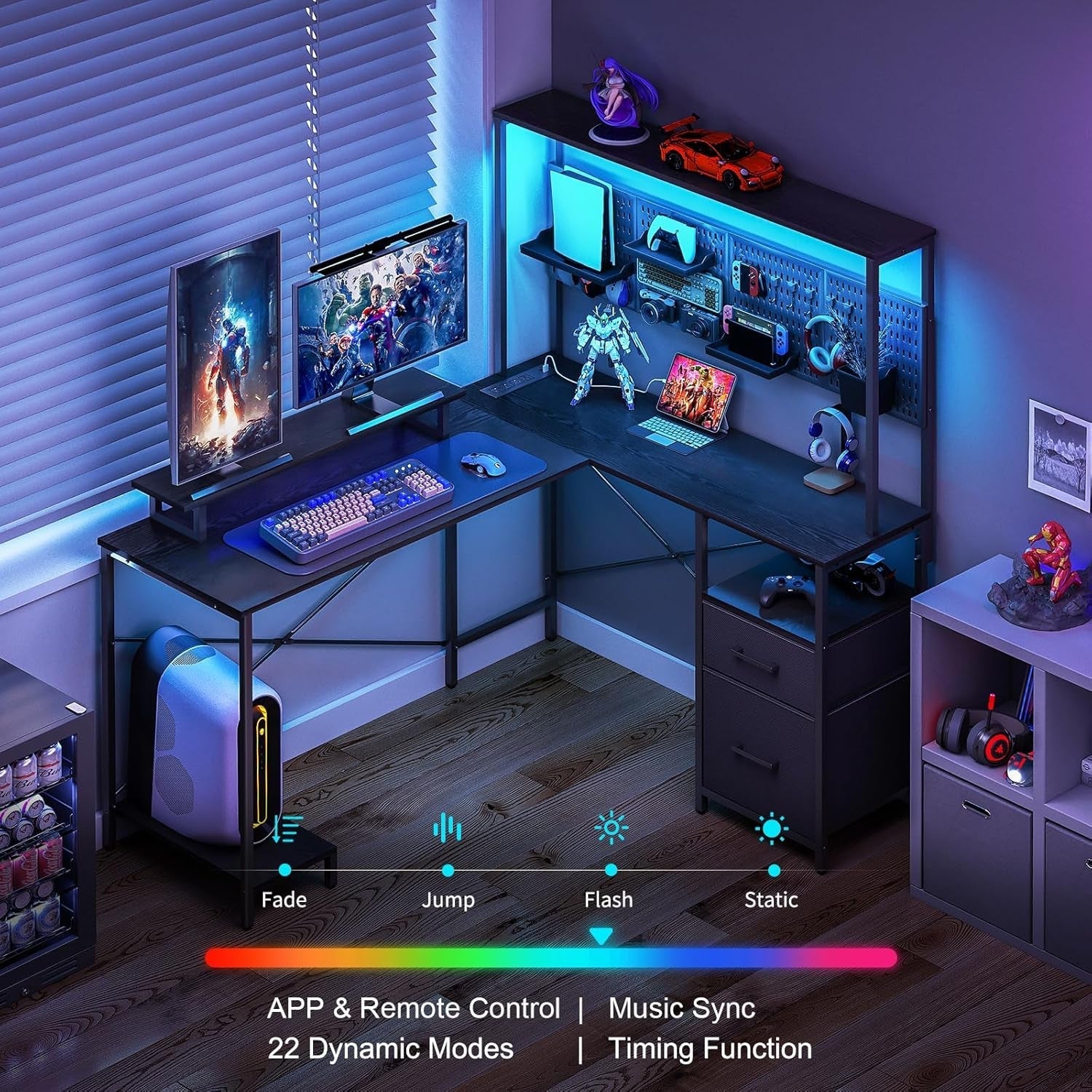 L Shaped Desk with Pegboard, Reversible Computer Desk with Drawers & Storage Shelves, Gaming Desk with LED Lights & Power Outlets, Office Desk with Monitor Stand Corner Desk Home Office Desks-2