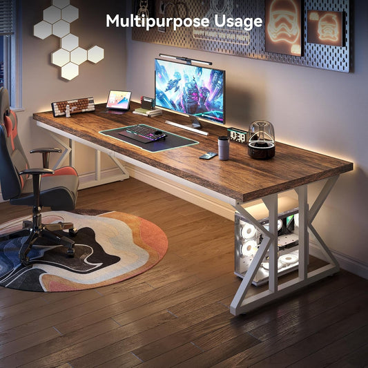 78.7 Inch Large Executive Desk, Modern Computer Office Desk, Wooden Writing Desk Study Table for Home Office, Rustic Brown-White-1