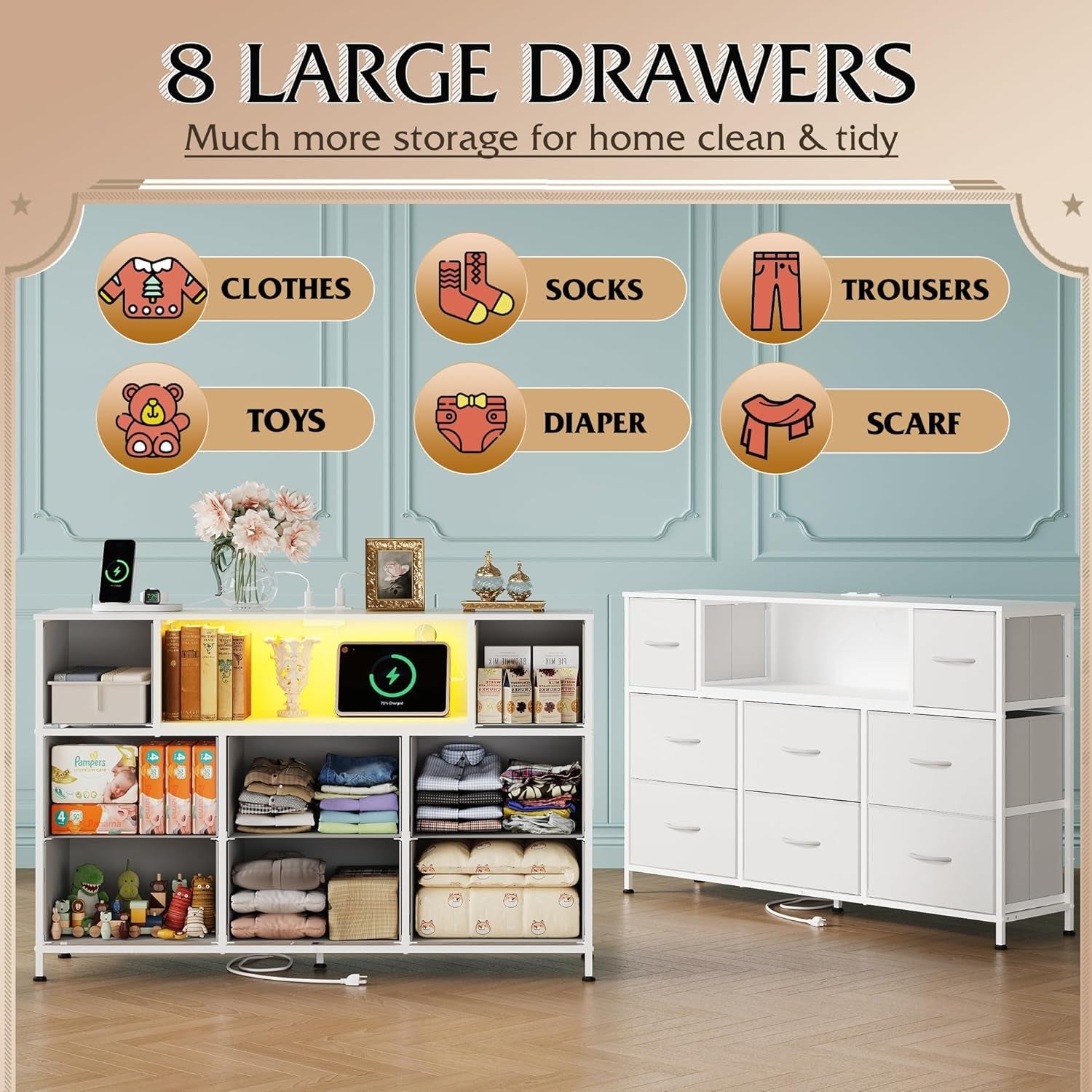 White Dresser for Bedroom, TV Stand for Bedroom for 55 Inch TV with Charging Station and LED Lights, Fabric Chest of Drawers with Open Shelves, 8 Drawers Dressers for Living Room, Closet-3