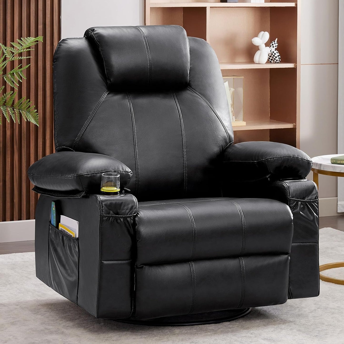 Oversized Swivel Rocker Recliner Chair with Heat and Massage, 360 Degree Swivel Rocking Single Sofa with Cup Holders and USB Port, Big Large Recliner Chair for Living Room (Leather, Black)-0