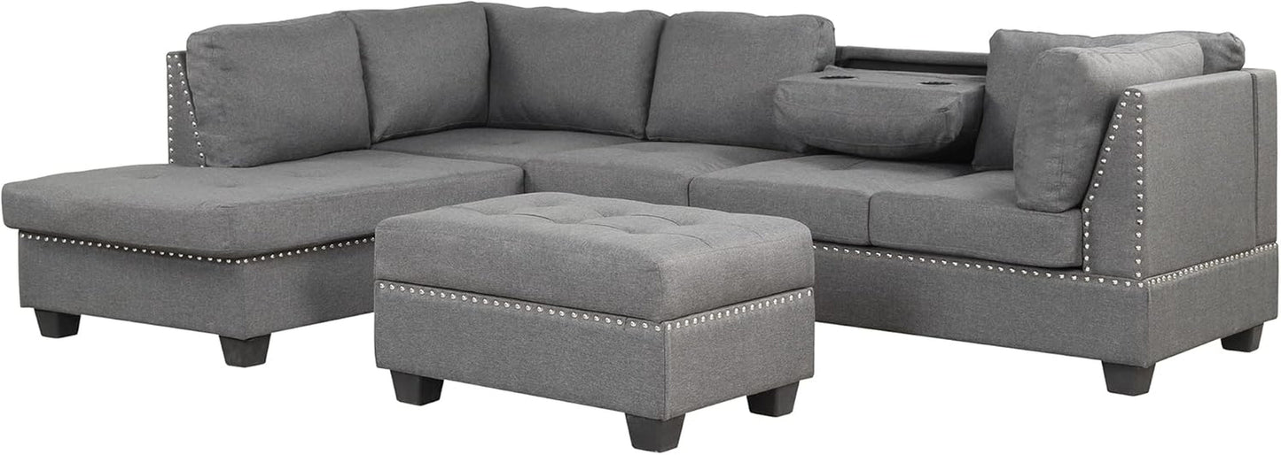 Sectional Sofas 3-Seat Sofa Sectional Sofa Couches with Reversible Chaise Storage Ottoman and 2 Cup Holders, Sofa Lounge and Ottoman for Living Room Furniture-0