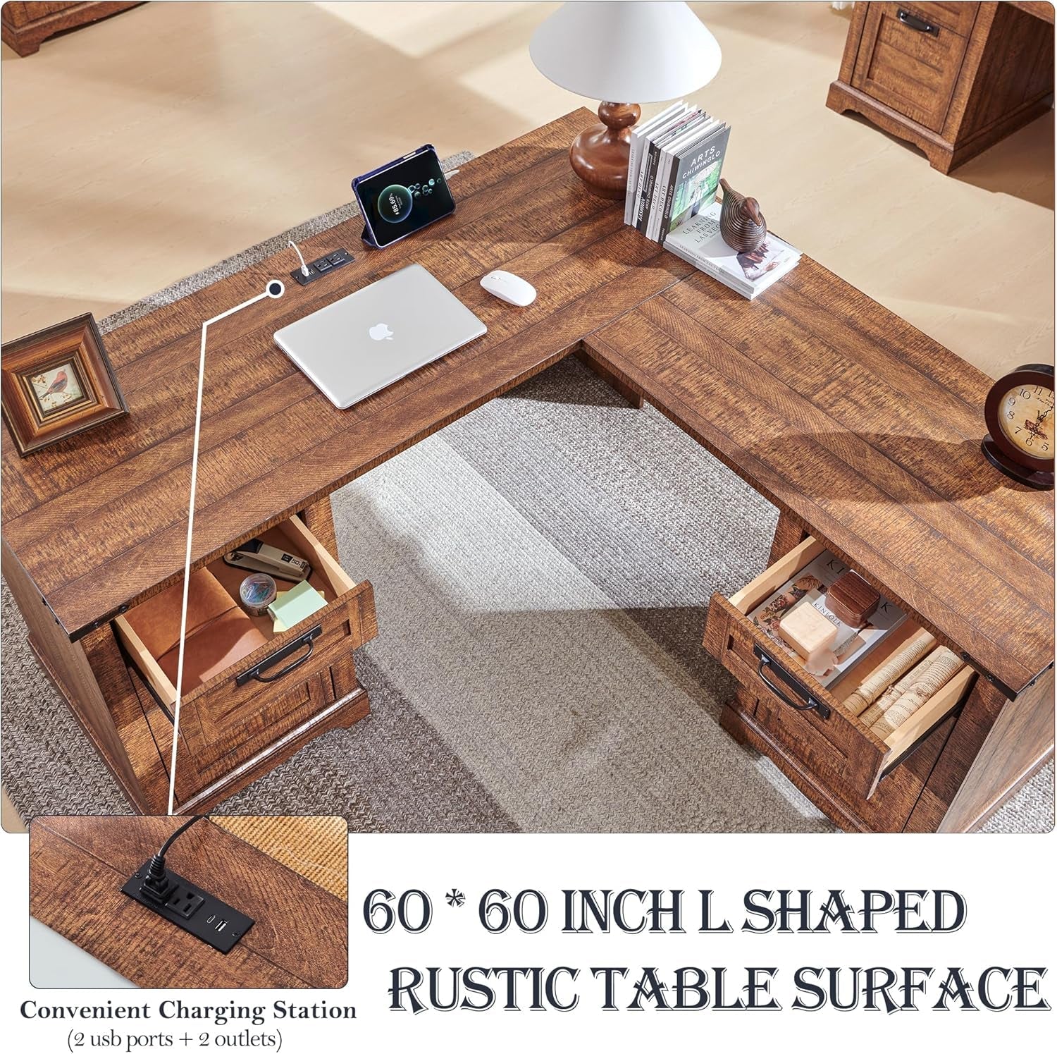 60" Farmhouse L Shaped Executive Desk with Drawers, Wood Home Office Corner Desk with Charging Station, File Drawer, Storage Cabinet, Rustic Computer Writing Desk (Reclaimed Barnwood)-2