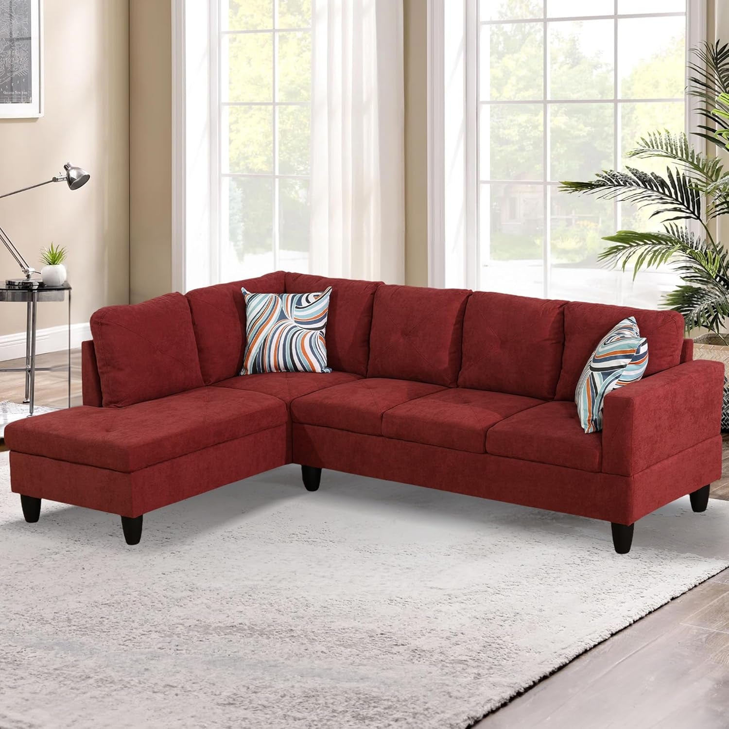 L-Shaped Sectional Sofa Set, Luxurious Flannelette 5-Seat Couches, Durable and Comfortable, Space-Saving Design Perfect for Modern Living Room, Apartment, Red-0