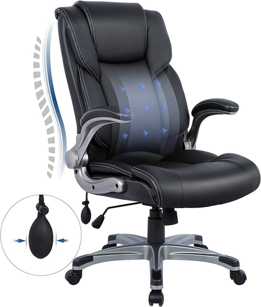 High Back Executive Office Chair- Ergonomic Home Computer Desk Leather Chair with Padded Flip-Up Arms, Adjustable Tilt Lock, Swivel Rolling Chair for Adult Working Study-Black-0