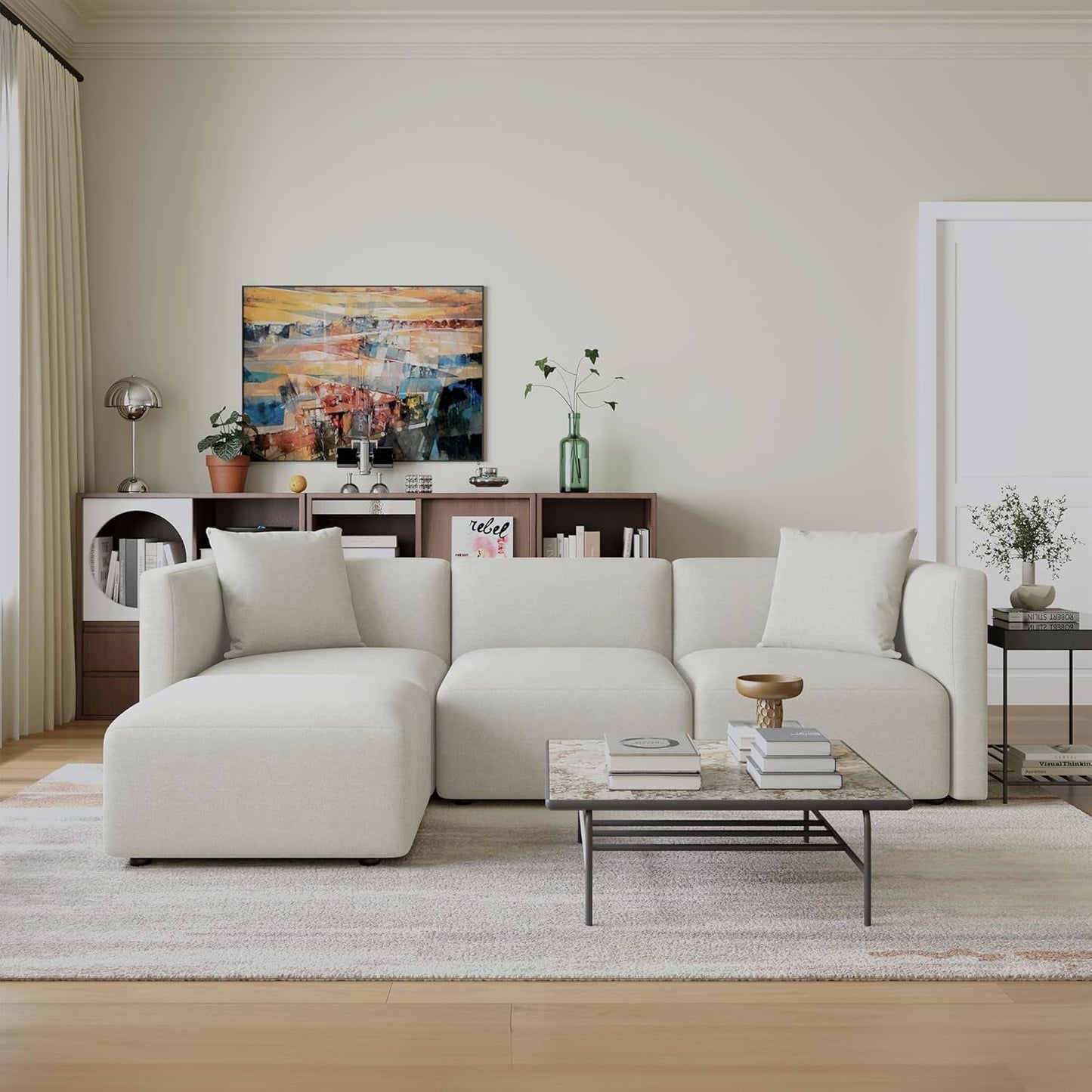 Luxury L-Shaped Upholstery Convertible Modular Sectional Sofa, Contemporary Reversible Couch with Chaise Lounge for Living Room, Apartment, Linen-Like Cream-3