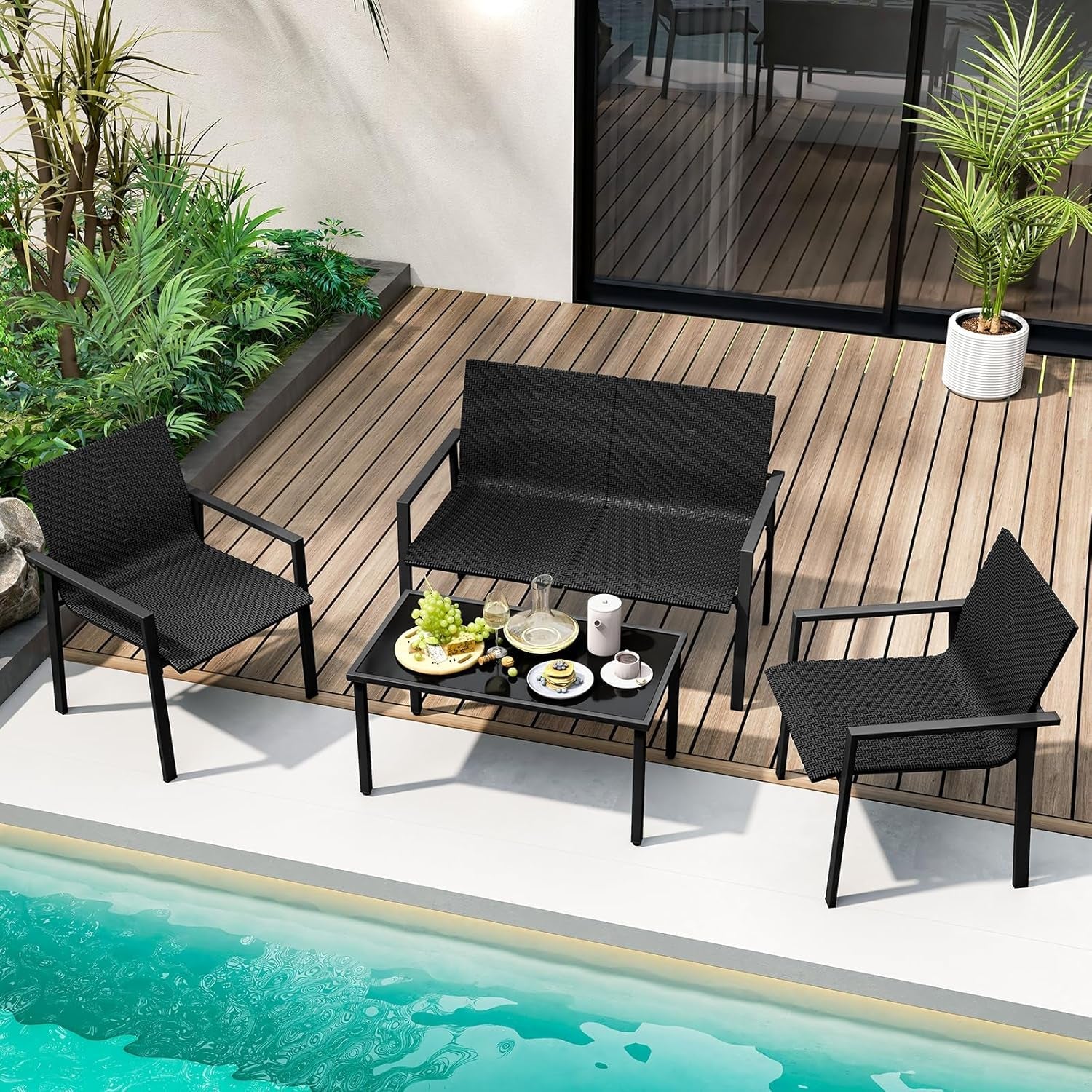 4 Pieces Wicker Patio Conversation Set with Coffee Table, PE Rattan Chairs with Galvanized Metal Frame, Outdoor Table and Chairs Set for Small Space, Balcony, Poolside, Backyard (Black)-3