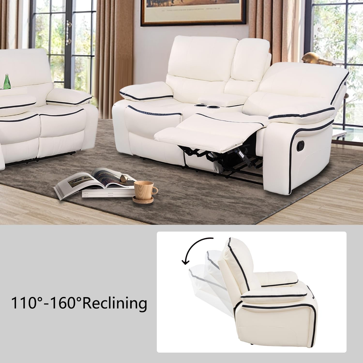 Recliner Sofa Set Bonded Leather, Living Room Furniture Set,Leather Sofa Set Reclining Sofa Manual Recliner Couch (Chair and Sofa Set,Cream White)-3