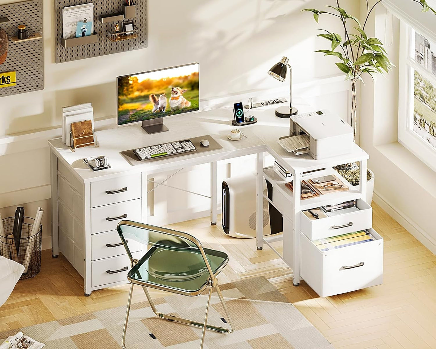 L Shaped Computer Desk with 6 Drawers & Power Outlet, 55 Inch Corner Desk with Reversible Storage Shelf & File Drawer, Home Office Desk, White-1