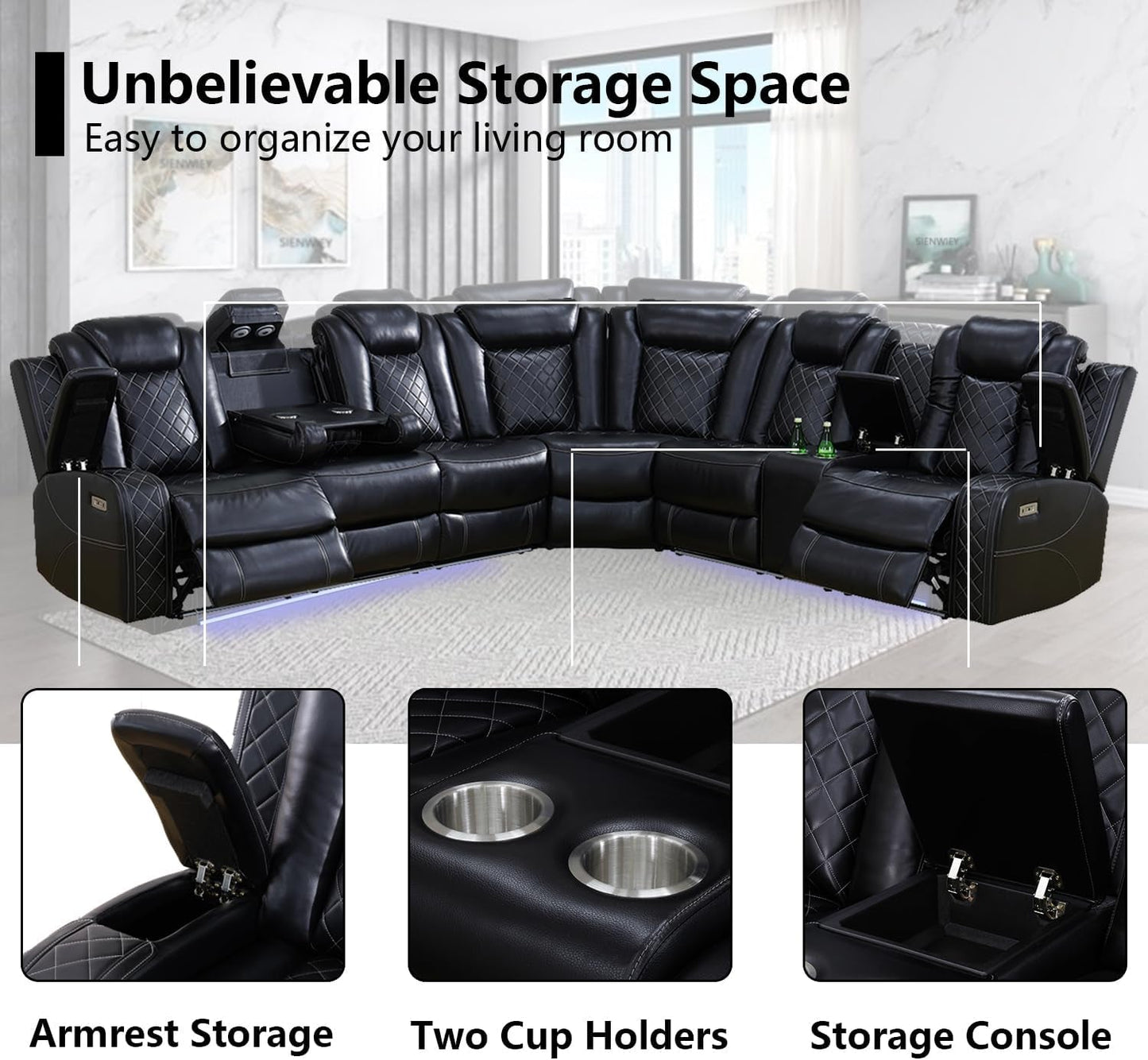 Black Leather Power Reclining Sectional Sofa，Sectional Couch with Recliner Living Room Set with LED Light/Read Light/Storage Console/Usb Port/Wireless Charge/Home Theater Seat-4