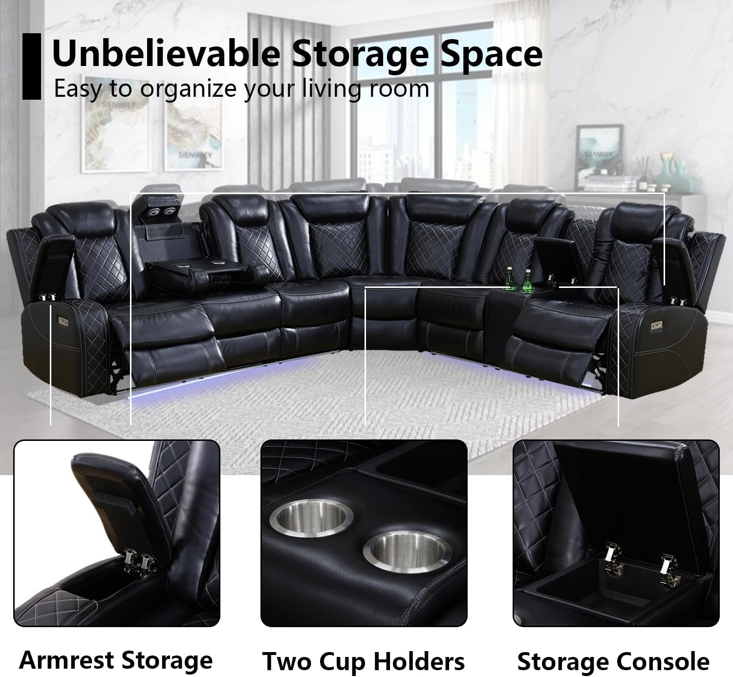 Black Leather Power Reclining Sectional Sofa，Sectional Couch with Recliner Living Room Set with LED Light/Read Light/Storage Console/Usb Port/Wireless Charge/Home Theater Seat-4