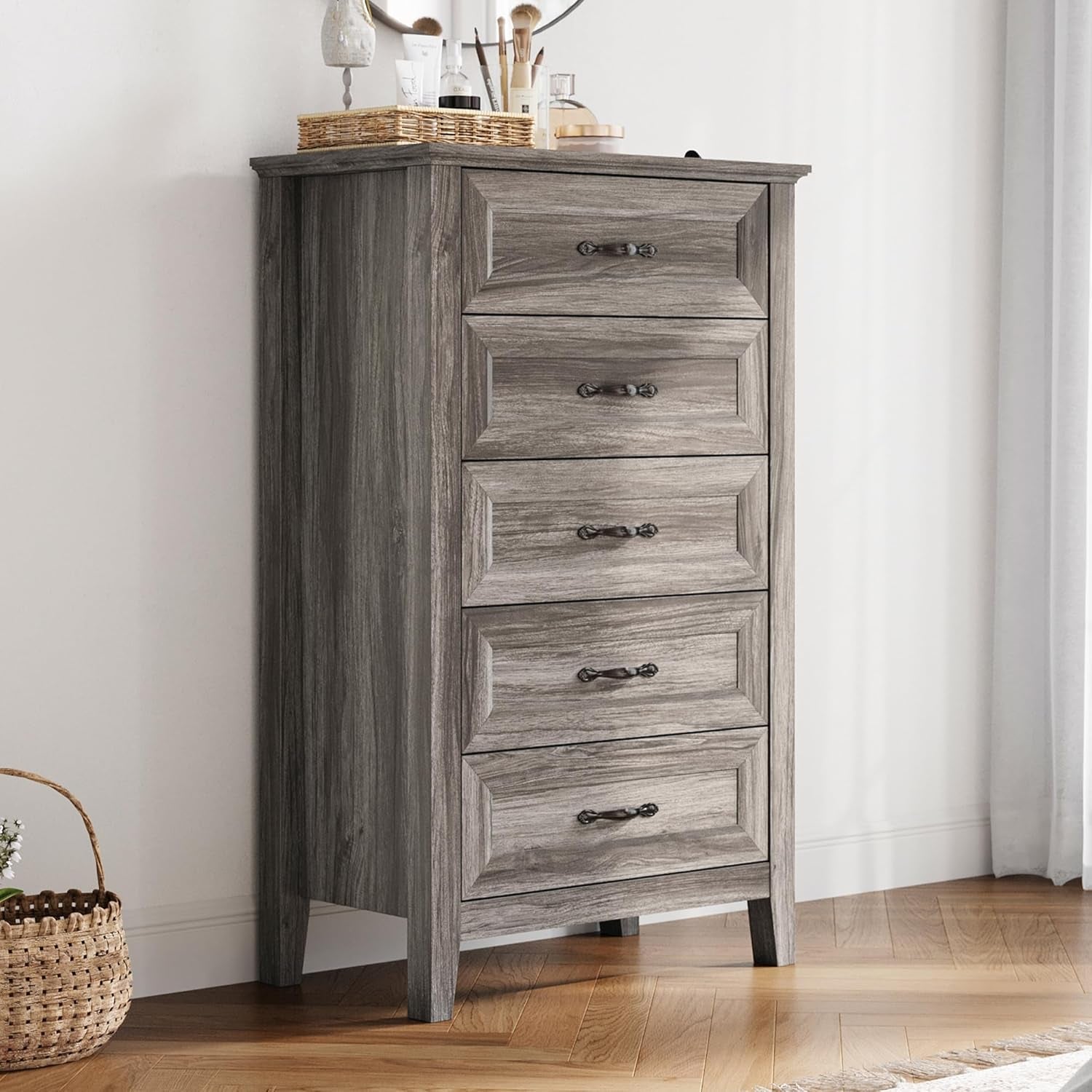 Farmhouse 5-Drawer Dresser - Grey Chest of Drawers for Bedroom and Living Room Organization, Wood Dresser with Ample Storage Space and Rustic Charm-0
