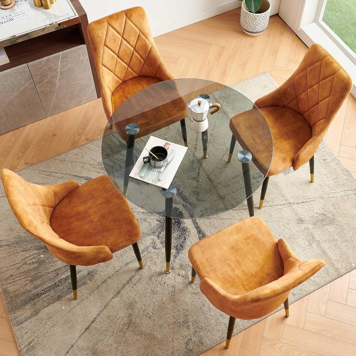 Upholstered Velvet Dining Chair Set of 4, Mustard Armless Side Chair with Metal Legs for Home Kitchen-4