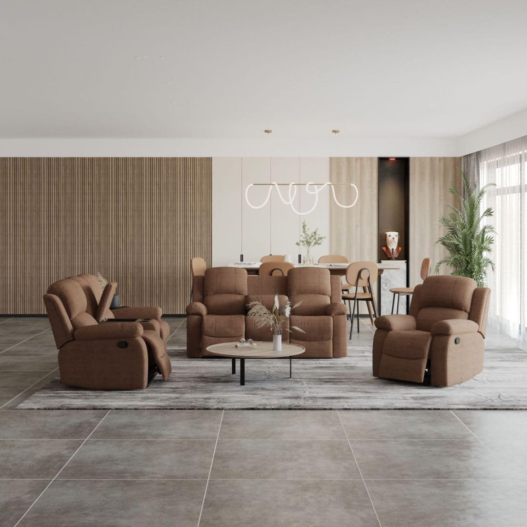 Manual Recliner Sofa Set,Microfiber Reclining Couch Set,Modern Living Room Furniture Set,Reclining Sofa Couch Chair for Living Room Home Office(Brown,3 Pieces Set)-2
