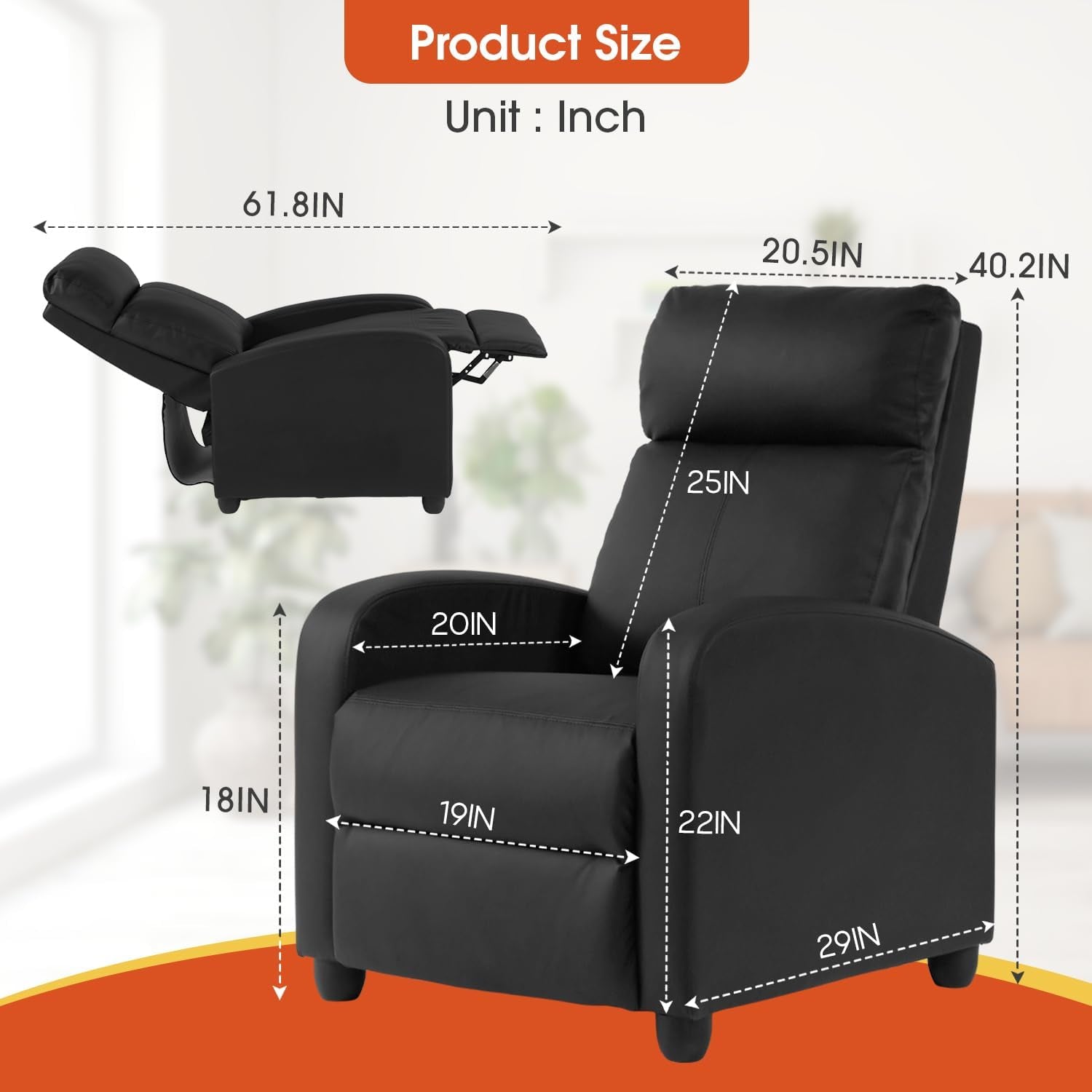 Recliner Chair PU Leather Recliner Sofa Home Theater Seating with Lumbar Support Overstuffed High-Density Sponge Push Back Recliners Armchair for Living Room,Black-2
