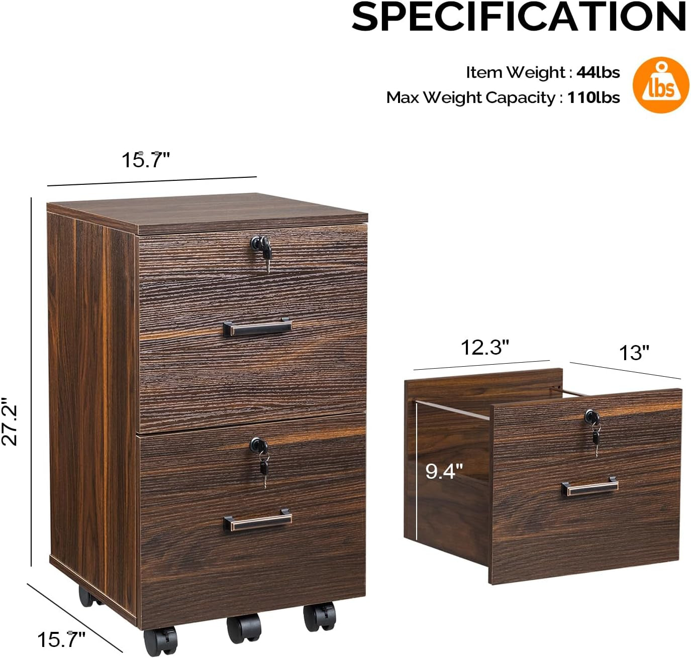 2 Drawer File Cabinet with Lock, Wood Dark Brown File Cabinet for Letter Size File Folders with Tabs, under Desk Rolling File Cabinets for Home Office, Mobile Filing Cabinet Printer Stand-2