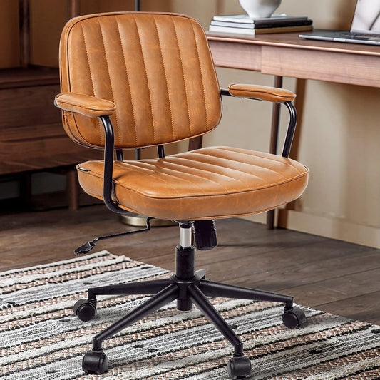 Mid Century Desk Chair Leather Office Chair Brown Office Desk Chair Home Office Chair with Wheels and Arms-0
