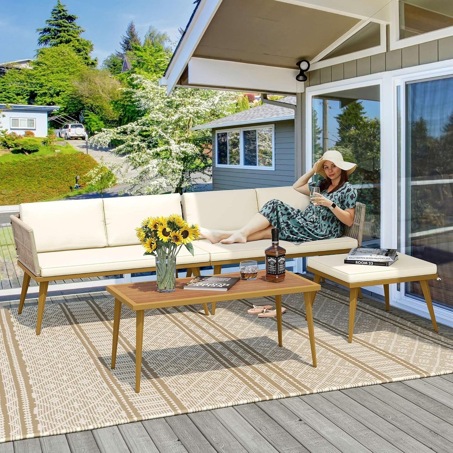 4 Pieces Patio Furniture Set, Outdoor Rattan Woven Conversation Sectional L-Shaped Sofa for Backyard, Porch, Boho Detachable Lounger with Cushions and Side Table - Beige-3