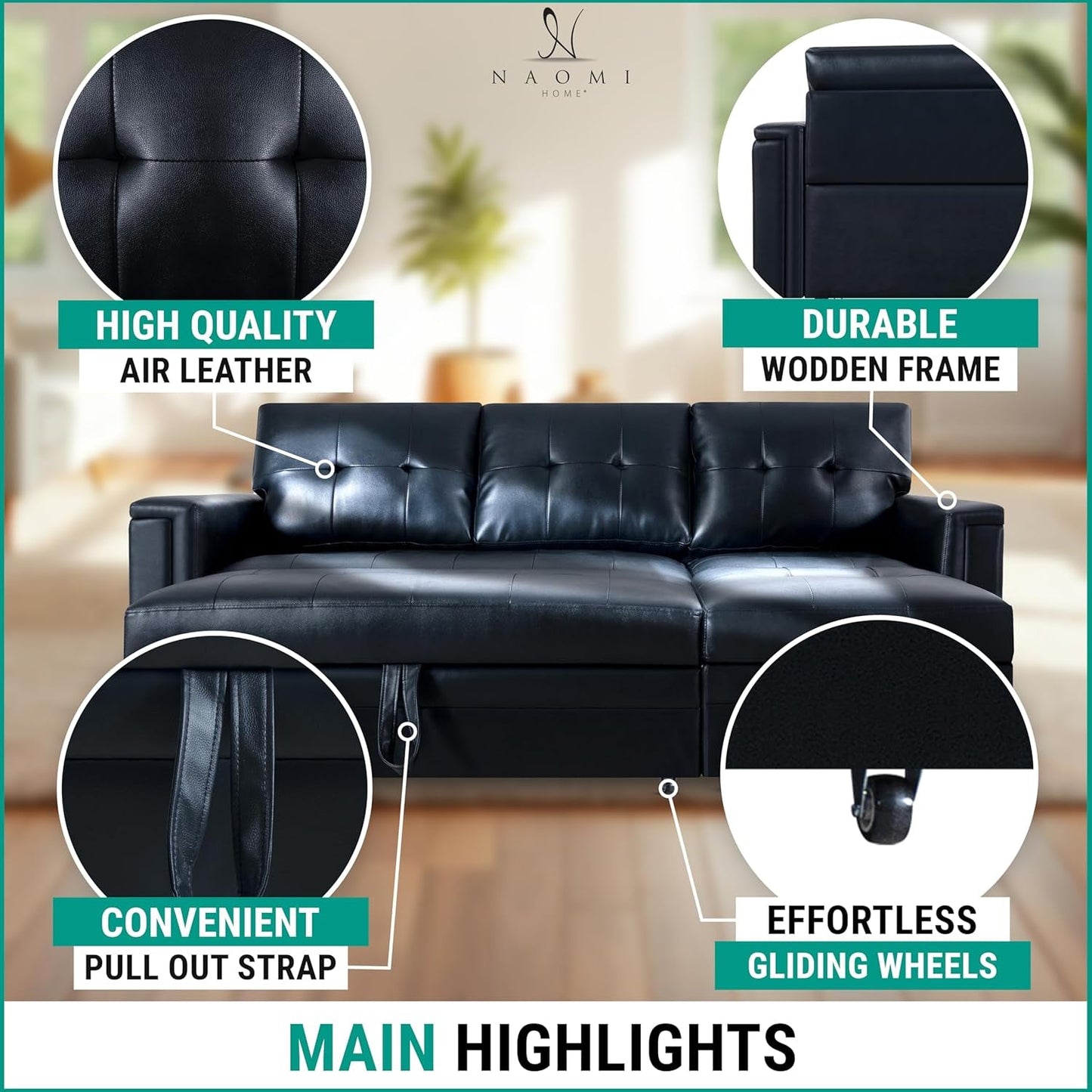 L-Shaped Sectional Sleeper Sofa with USB Ports - Convertible Pull-Out Bed, Ample Storage, Timeless Design, Durable Construction, Black/Air Leather-3