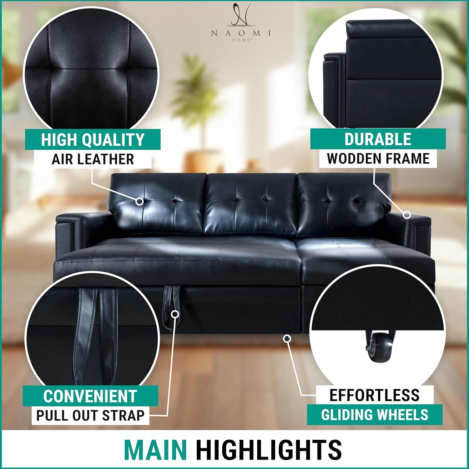 L-Shaped Sectional Sleeper Sofa with USB Ports - Convertible Pull-Out Bed, Ample Storage, Timeless Design, Durable Construction, Black/Air Leather-3