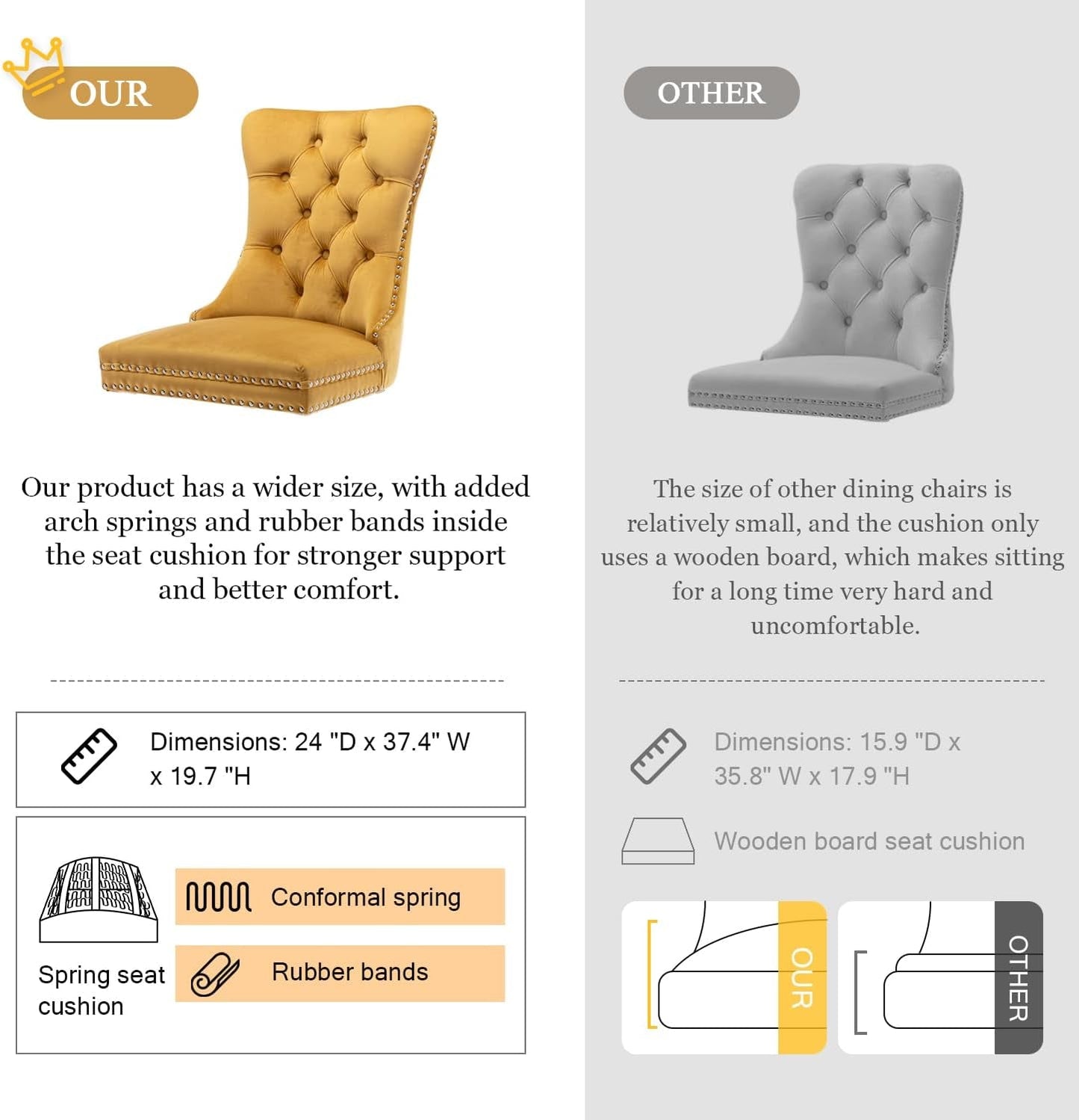 Velvet Dining Chairs Set of 4, Tufted Upholstered Dining Chairs with Nailhead Back and Ring Pull Trim, Solid Wood Dining Chairs for Kitchen/Bedroom/Dining Room (Gold)-3